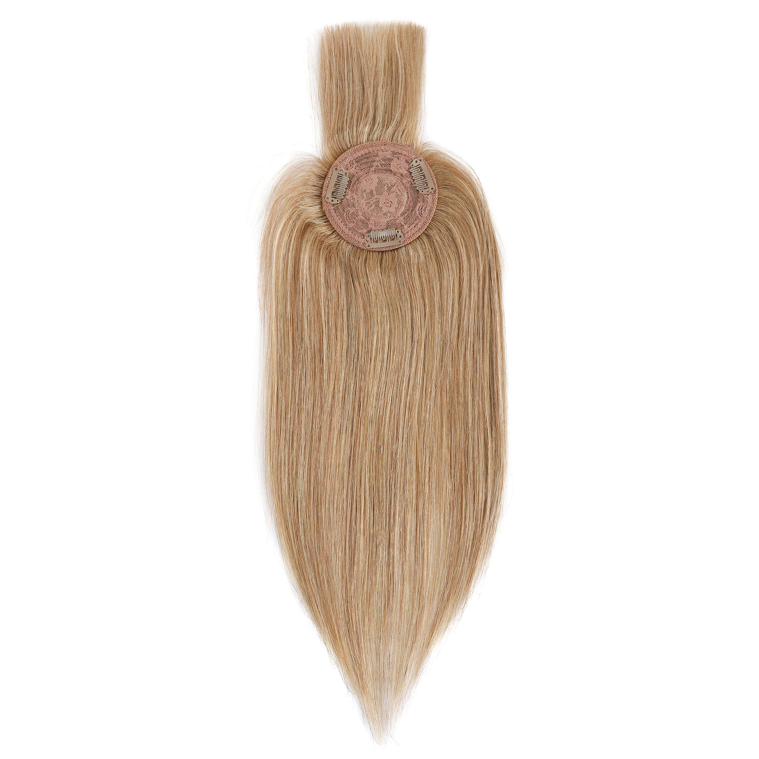 150% Density Human Hair Toppers with Bangs - Mono Base Clip-in Hairpiece for Women with Thinning Hair, Gray Hair & Hair Loss - 14 Inch 38g Dark Blonde - Perfect for Daily Wear, Special Occasions & Hair Volume Enhancement