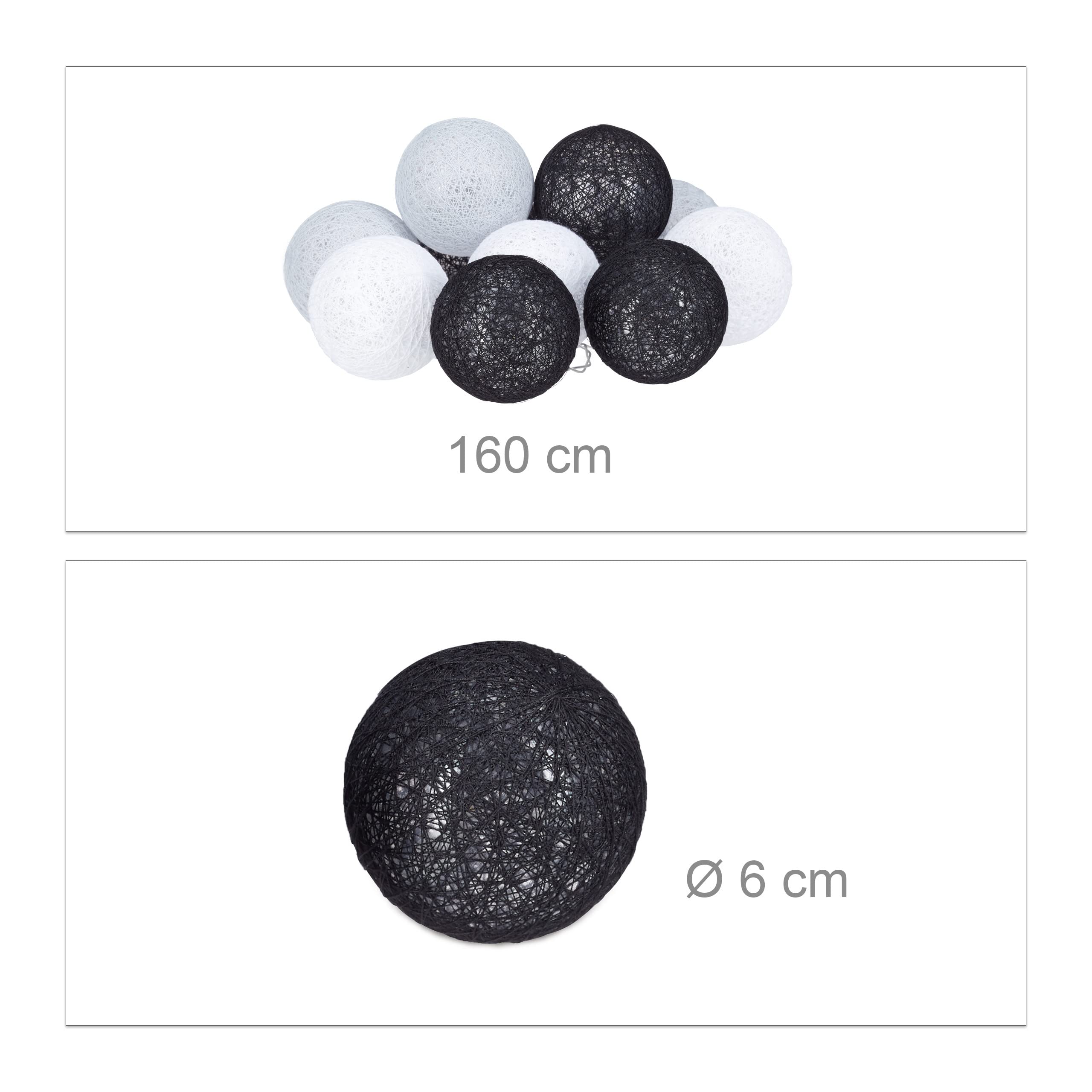 Relaxdays 10-Pack LED String Lights with Cotton Balls - Battery Operated Fairy Lights for Bedroom, Party & Wedding Decor - 6cm Warm White Mood Lighting (White/Grey/Black)