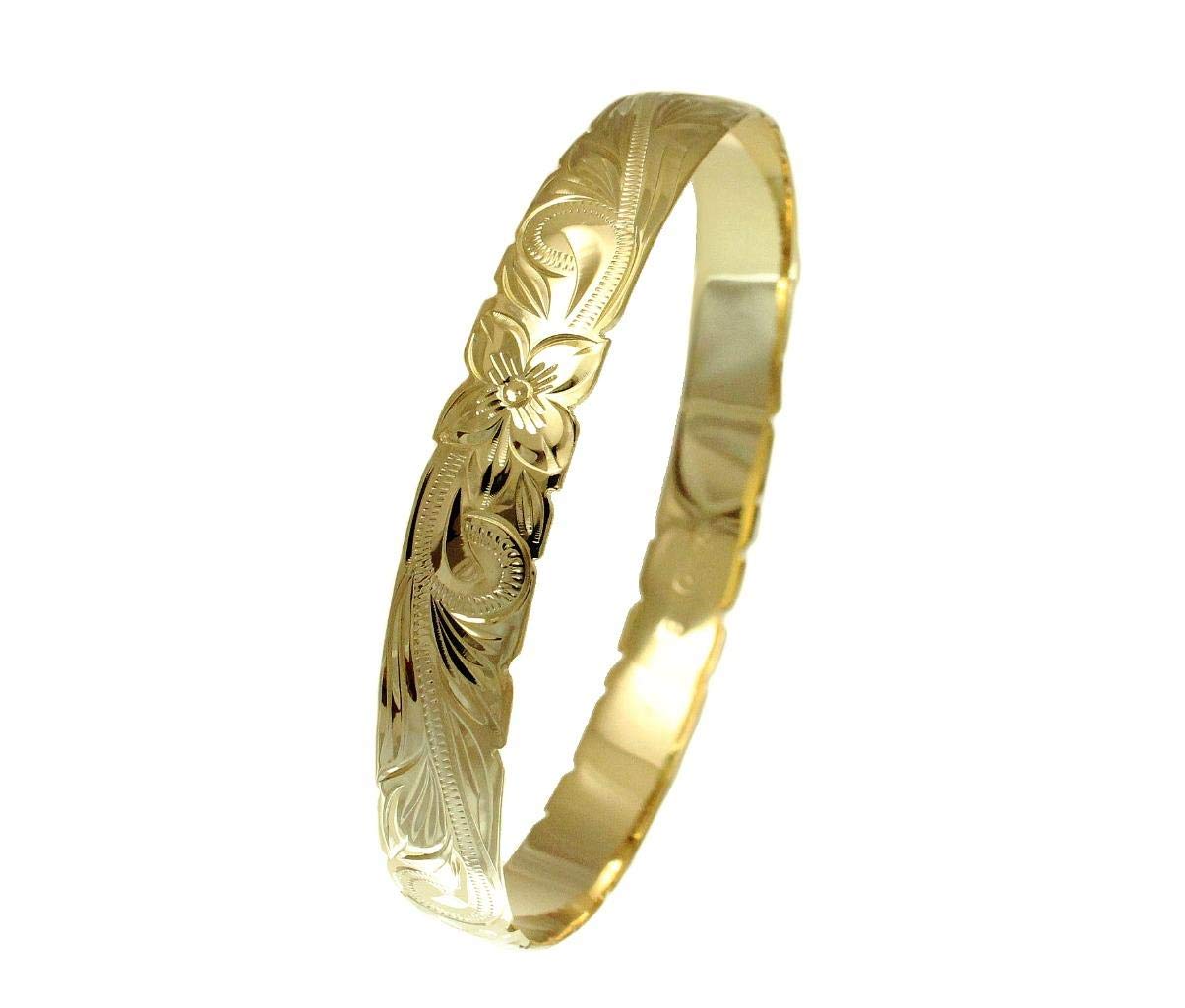 Arthur's Jewelry 925 Sterling Silver Yellow Gold Plated Hawaiian Scroll Plumeria Flower 10mm Cut-Out Edge Bangle Bracelet - Size 7-9 - Perfect for Beach Parties, Summer Vacations & Tropical-Themed Events