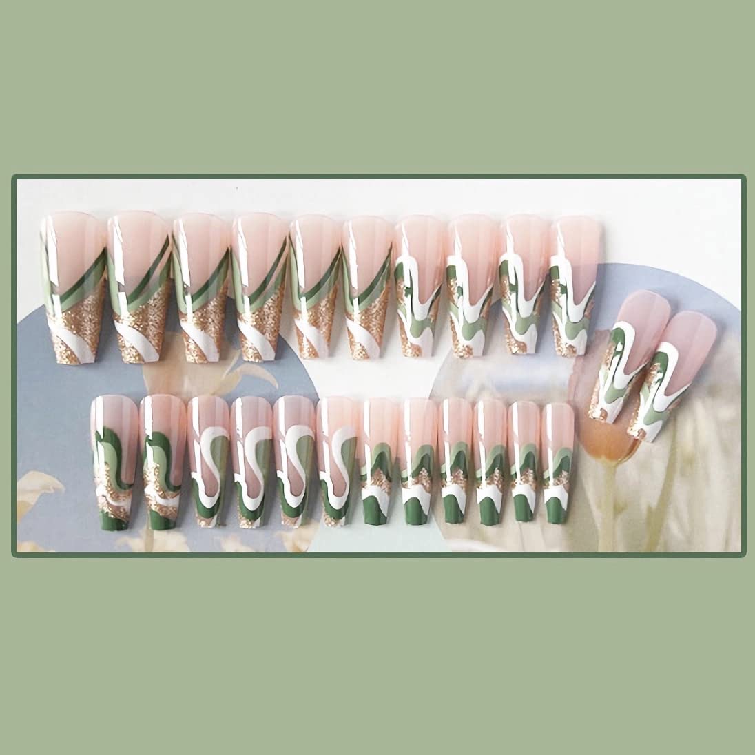 Luxury Green French Tip Acrylic Fake Nails with Gold Glitter Swirls - 24pcs Ballerina Glue on Artificial Nails for Christmas Party, Wedding, Prom & Special Occasions