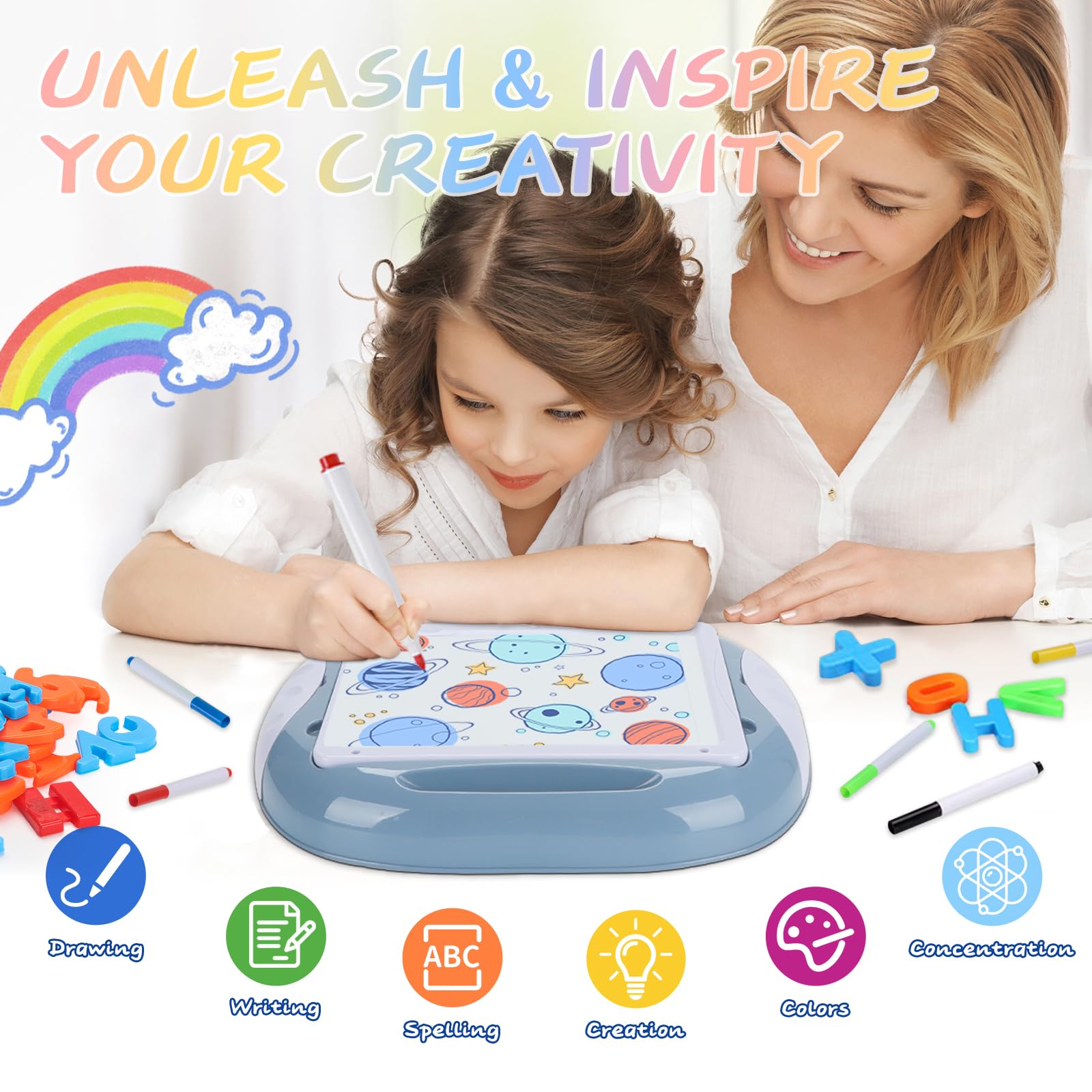 Magnetic Letters & Double-Sided Doodle Board Learning Toys for 1 2 3 Year Old Boys - Toddler Educational Toys with Alphabet Practice & Drawing (Blue) | Perfect for Preschool Learning, Travel Activities & Creative Play