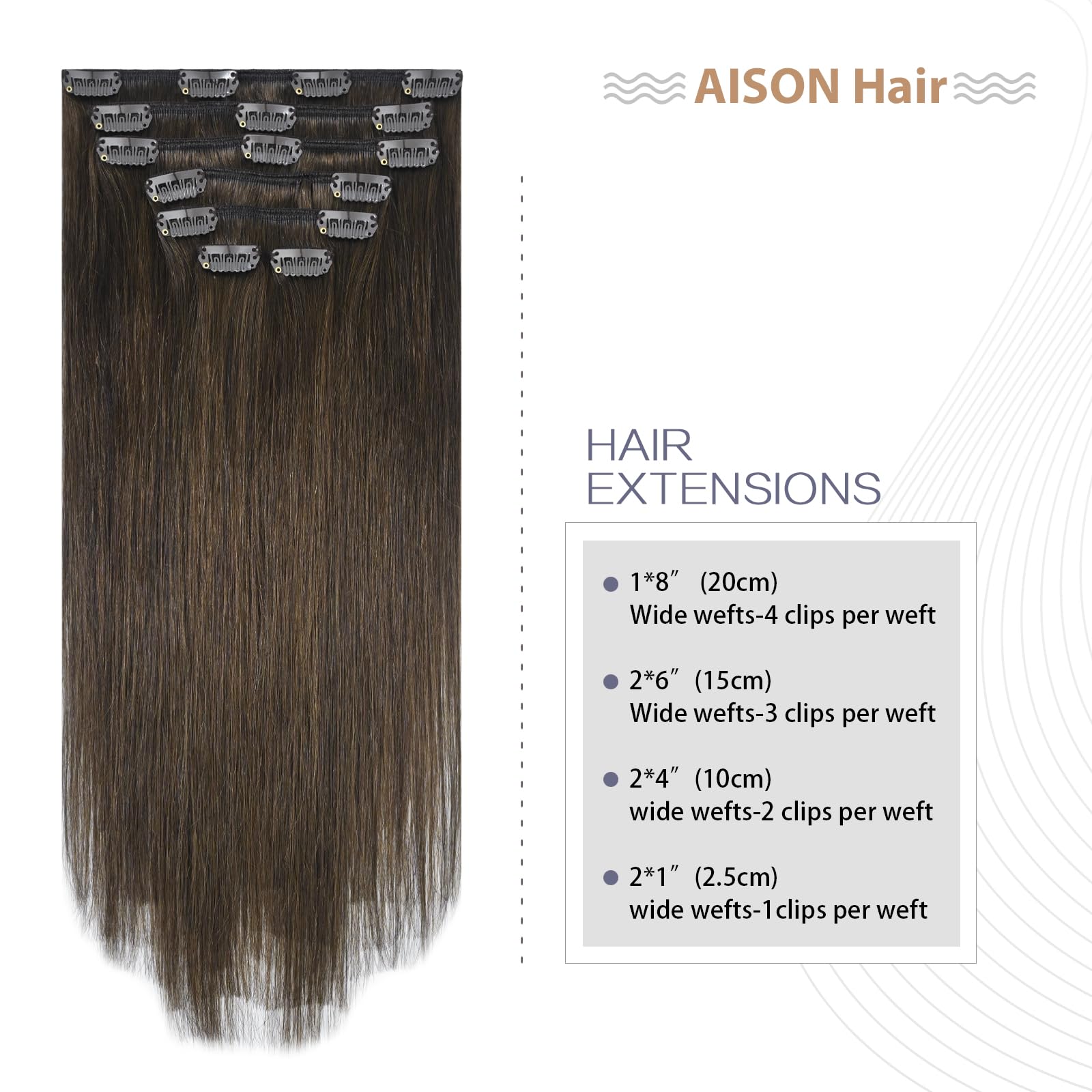 Aison 20 Inch Medium Brown Clip-in Hair Extensions - 100% Remy Human Hair, 70g, 7pcs with 16 Clips - Soft Silky Straight for Natural Look | Perfect for Daily Wear, Parties, Weddings & Special Occasions