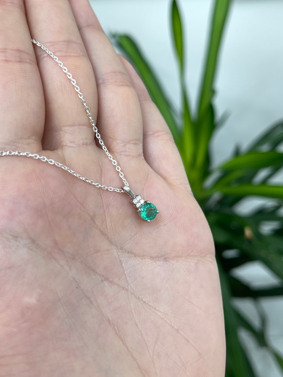 0.90tcw Petite Natural Emerald Round Cut Diamond Accent 14K White Gold Pendant Necklace - Elegant Gift for Women, Perfect for Weddings, Anniversaries & Special Occasions
