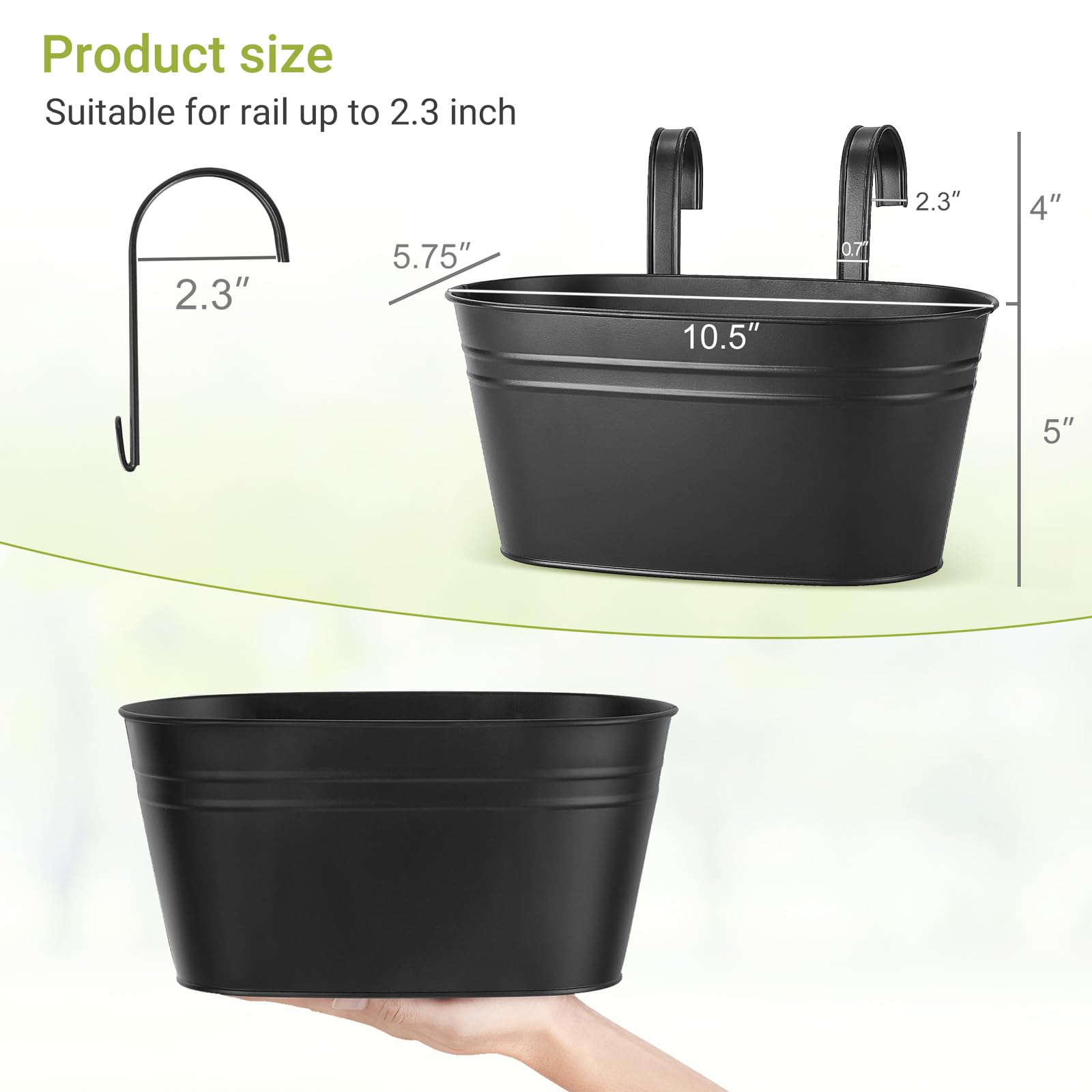 Dahey 5-Pack Black Metal Hanging Flower Pots for Outdoor Railings & Fences - Rustic Window Planters with Detachable Hooks - Perfect for Balcony, Garden & Patio Decor
