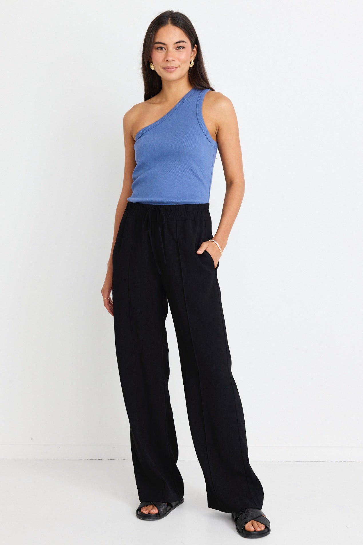 Stylish Civic Black Crepe Pintuck Leg Wide Pants for Women - Comfortable Office Wear & Casual Chic Outfits