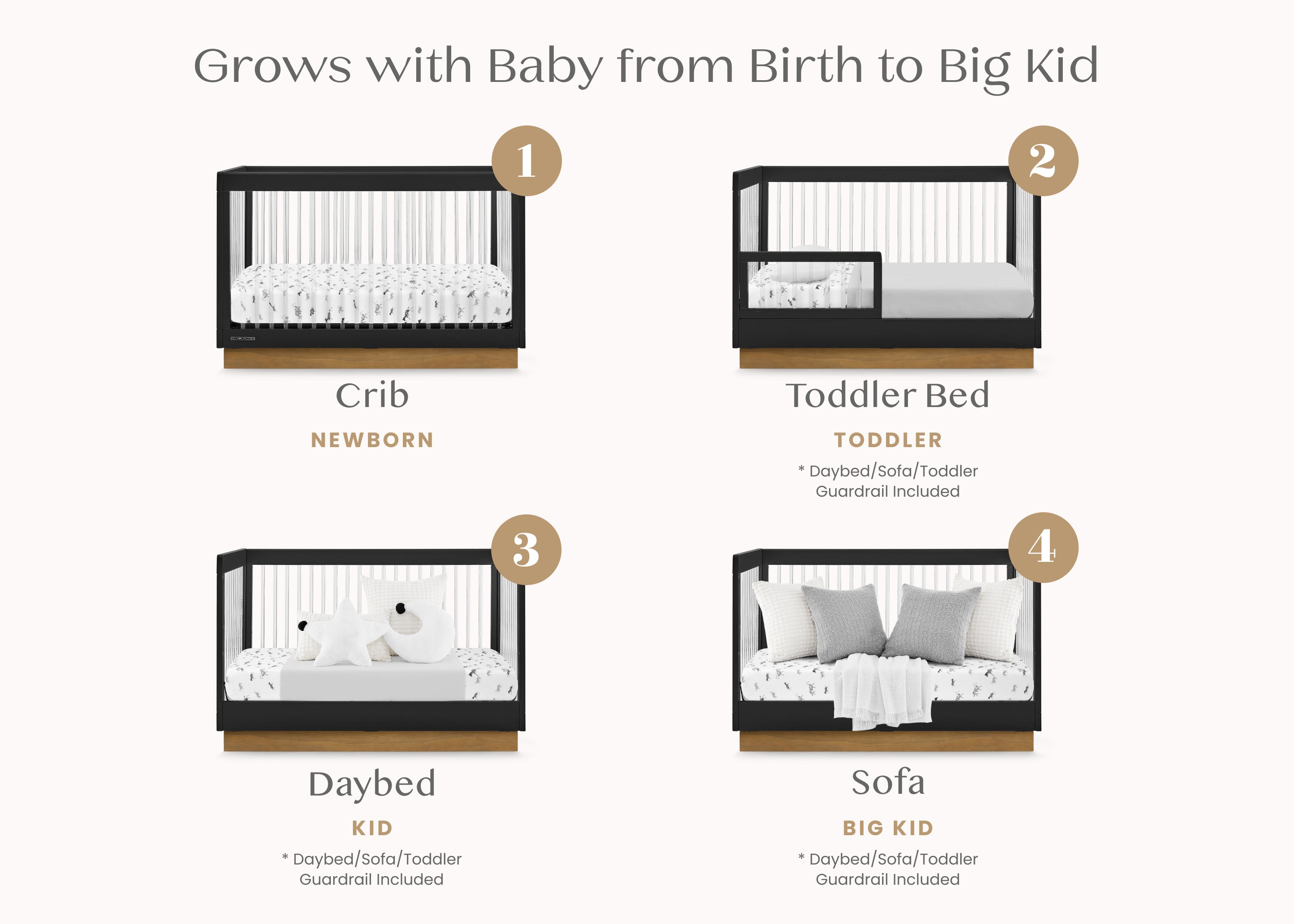 James Acrylic 4-in-1 Convertible Baby Crib - Modern Nursery Furniture for Newborn to Toddler - Perfect for Small Spaces & Minimalist Bedrooms