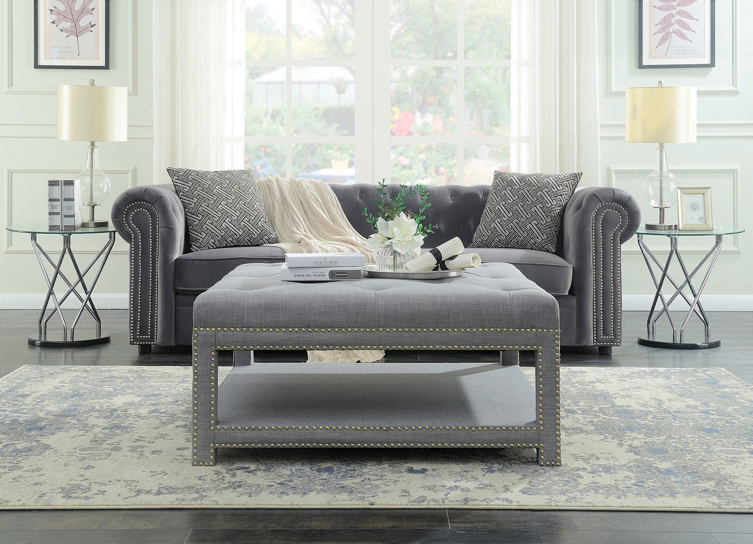 Bina Coffee Table Ottoman - 2-Layer Tufted Linen Bench with Nailhead Trim for Living Room