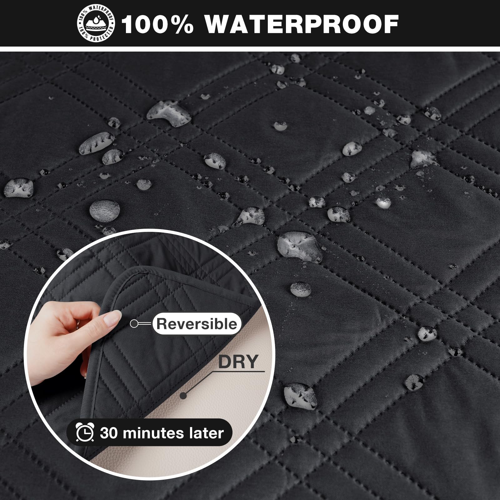 TAOCOCO 100% Waterproof L-Shaped Sectional Sofa Cover Set - 3-Piece Reversible Chaise Lounge Covers with Elastic Straps for Pets & Kids, Fits X-Large Couches (Black) - Perfect for Living Room, Family Room & Pet-Friendly Homes
