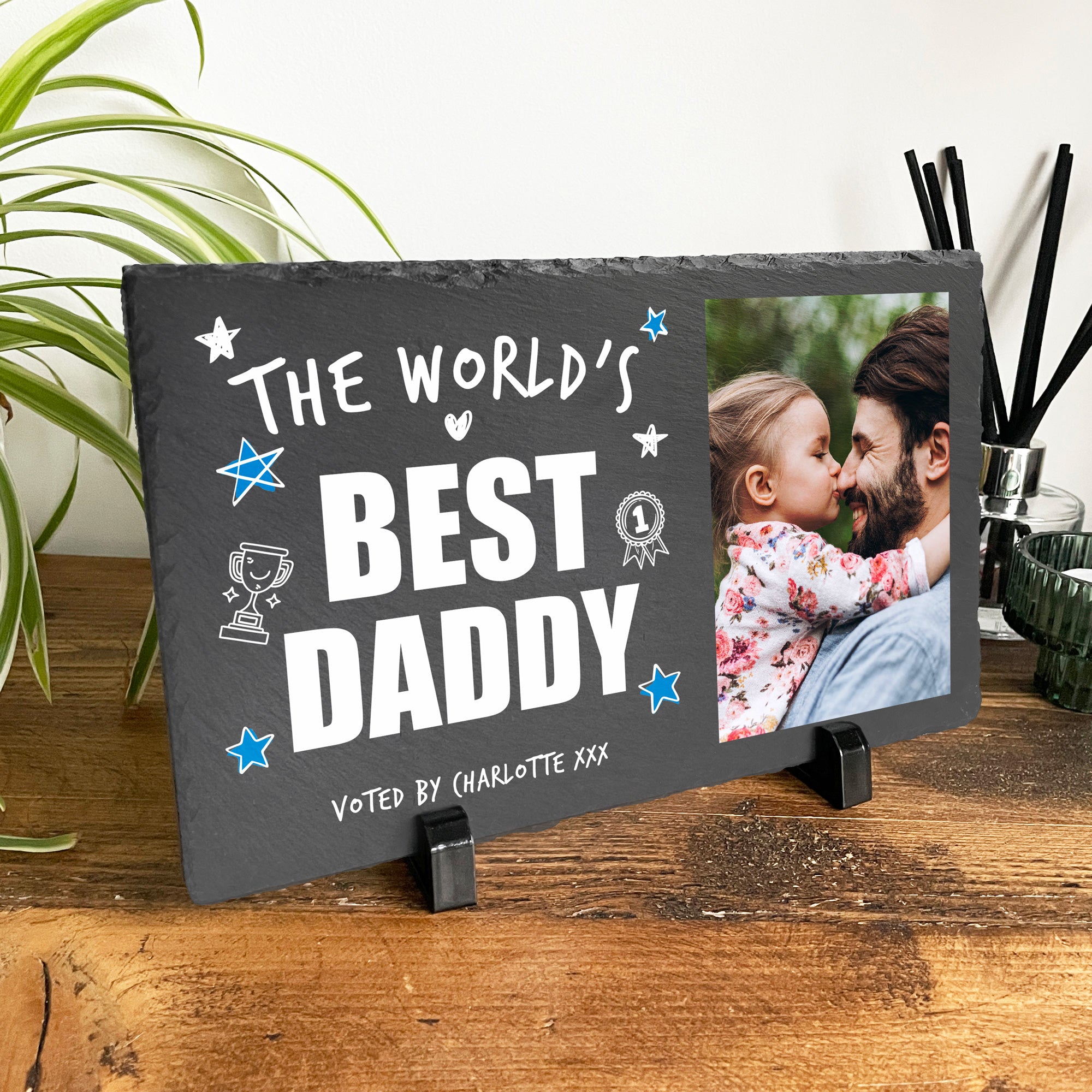Custom Engraved 'World's Best Dad' Photo Slate Plaque with Wooden Stand - 30x20cm - Perfect Father's Day Gift, Anniversary Present & Home Office Decor