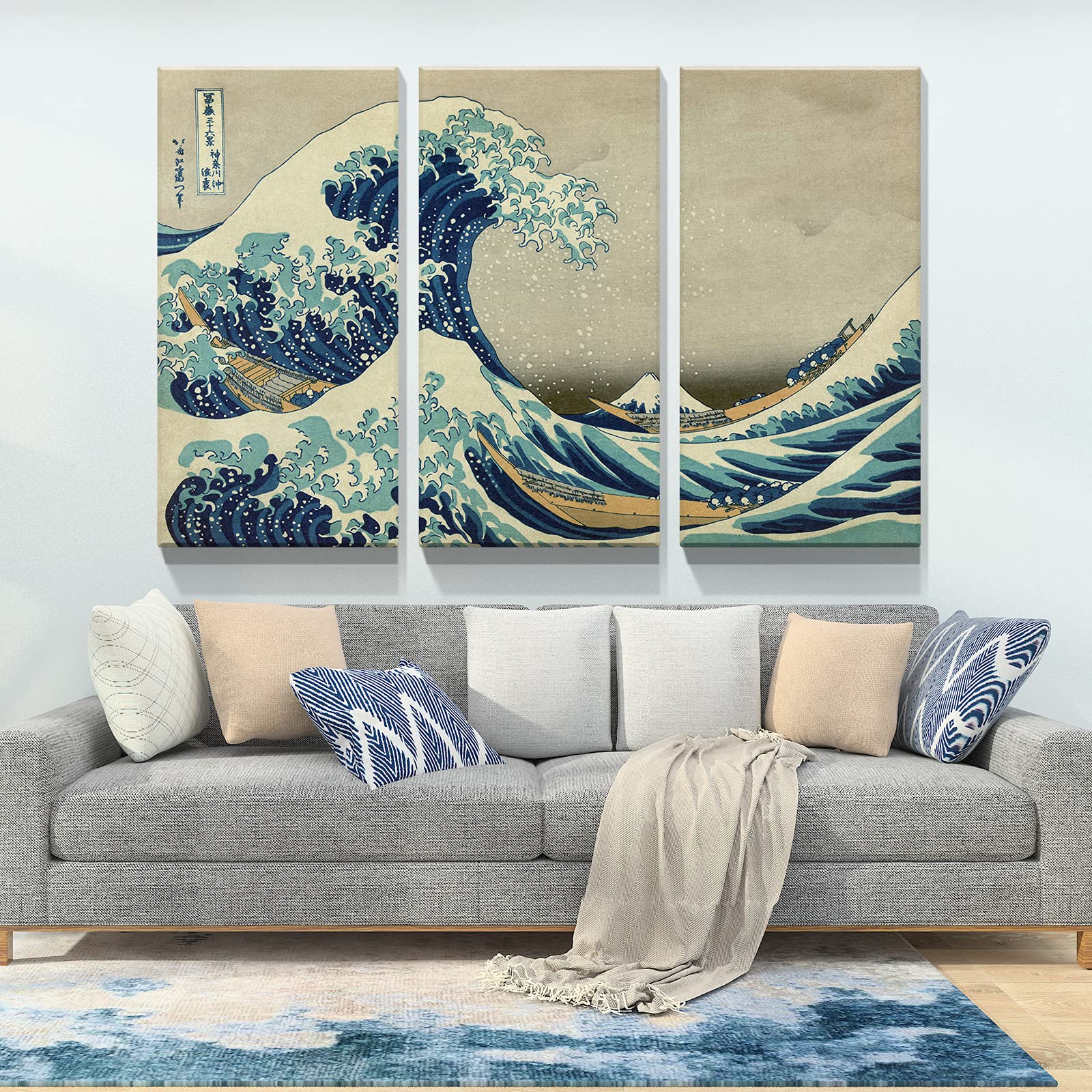 Denozer - 3 Piece Canvas Wall Art - The Great Wave Off Kanagawa Oil Painting Reproduction Giclee Print - Stretched and Framed Ready to Hang - 24