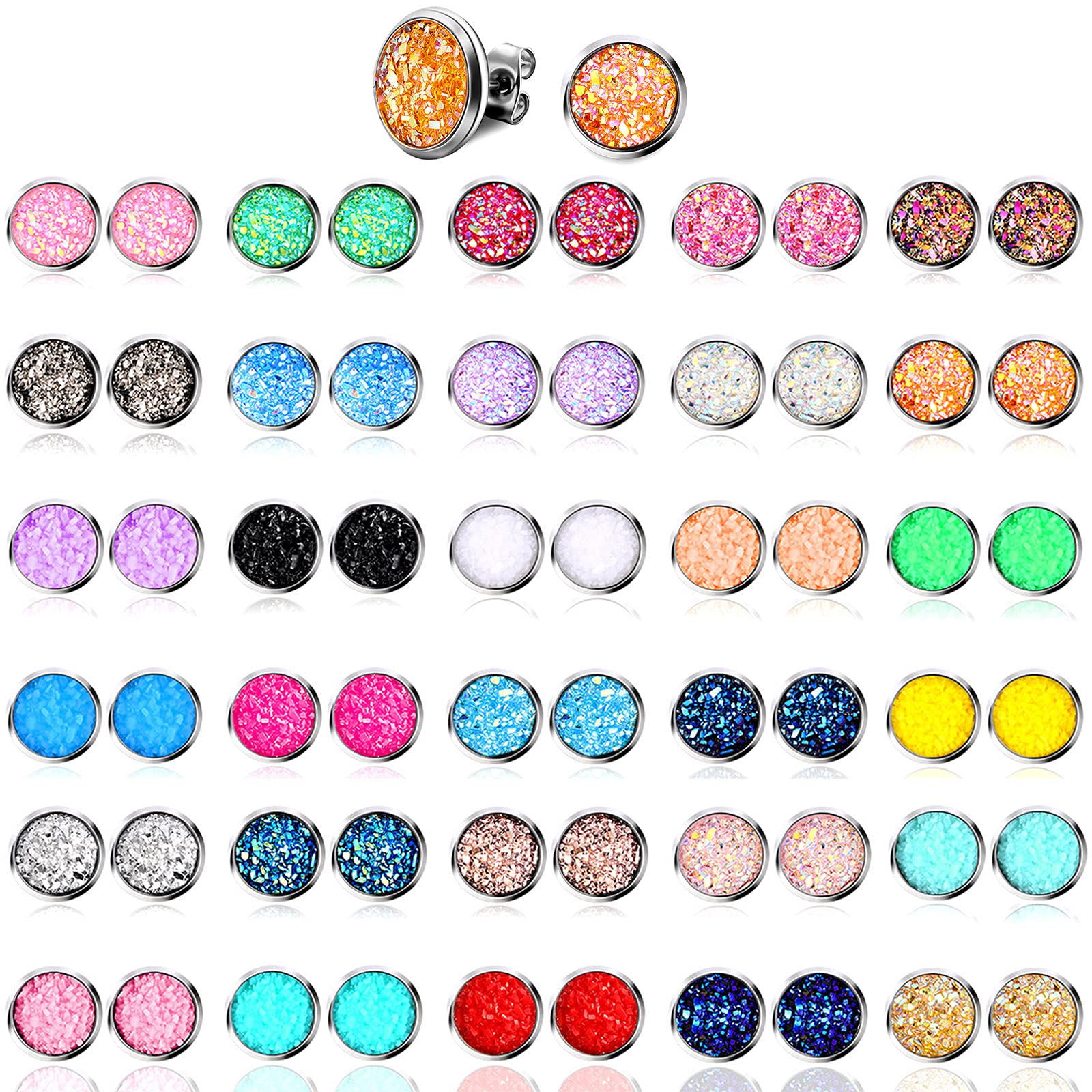 32 Pairs Faux Druzy Stud Earrings for Women - Bohemian Round Stainless Steel Pierced Earrings Set | Perfect for Parties, Weddings & Everyday Wear
