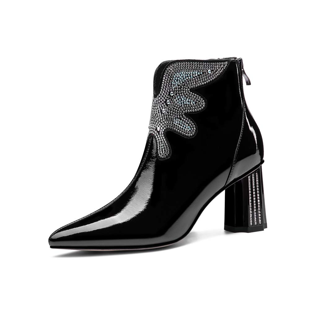 TinaCus Women's Chunky Heel Ankle Boots - Patent Leather Pointed Toe Glitter Rhinestone Decor with Back Zipper, Plus Size Comfort Shoes for Party, Office & Night Out