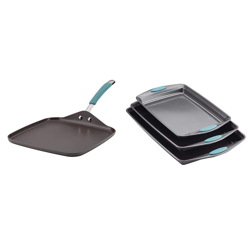 Rachael Ray Cucina 11-Inch Hard Anodized Nonstick Griddle Pan & Flat Grill with Agave Blue Handle - 3-Piece Nonstick Bakeware Set for Cookies, Baking & Grilling - Perfect for Pancakes, Burgers & Sheet Pan Dinners