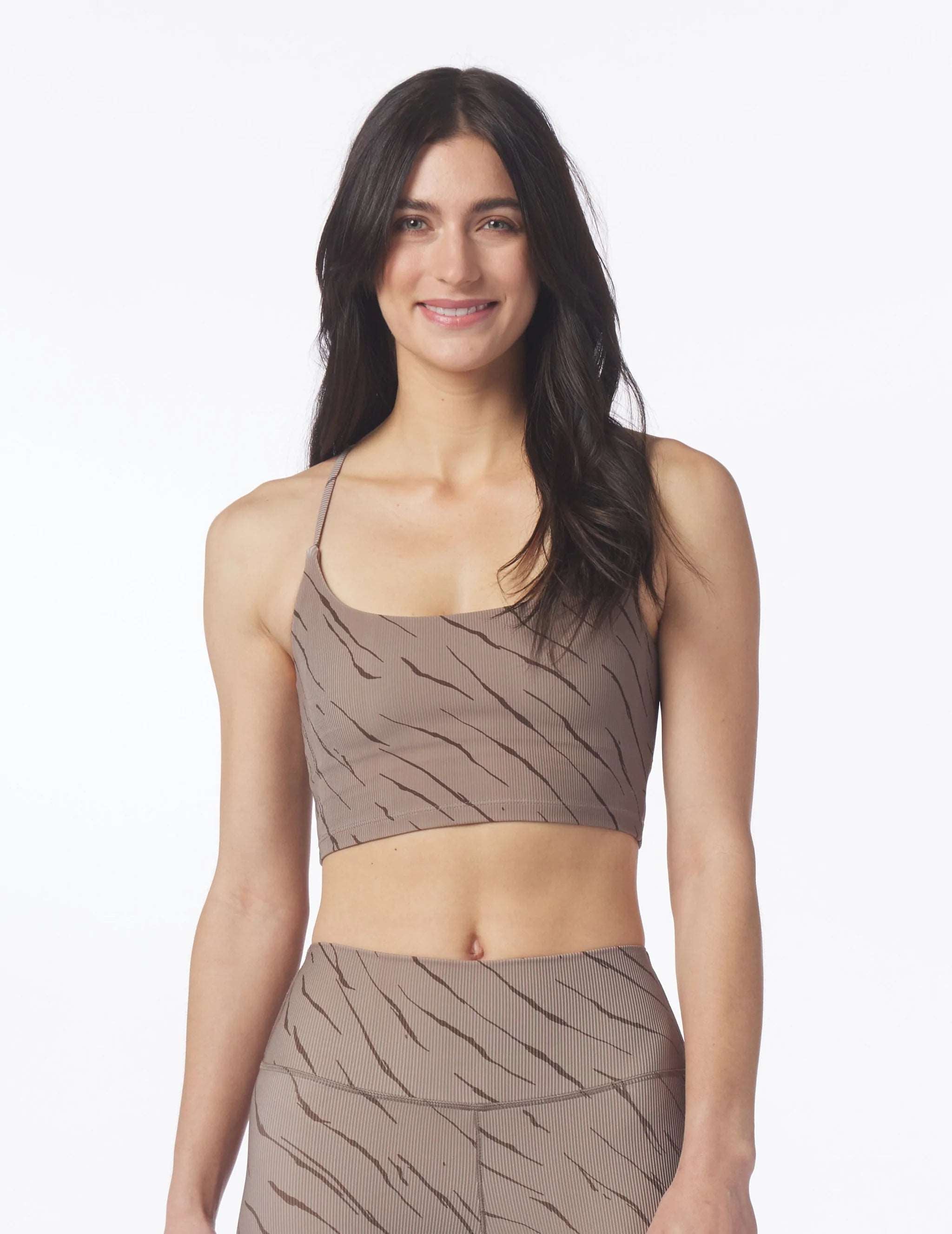 Glyder Women's Pure Sports Bra - Mocha Espresso Brown Streaking Tiger Print | High Support Workout Top for Running, Yoga & Gym | Moisture-Wicking Activewear