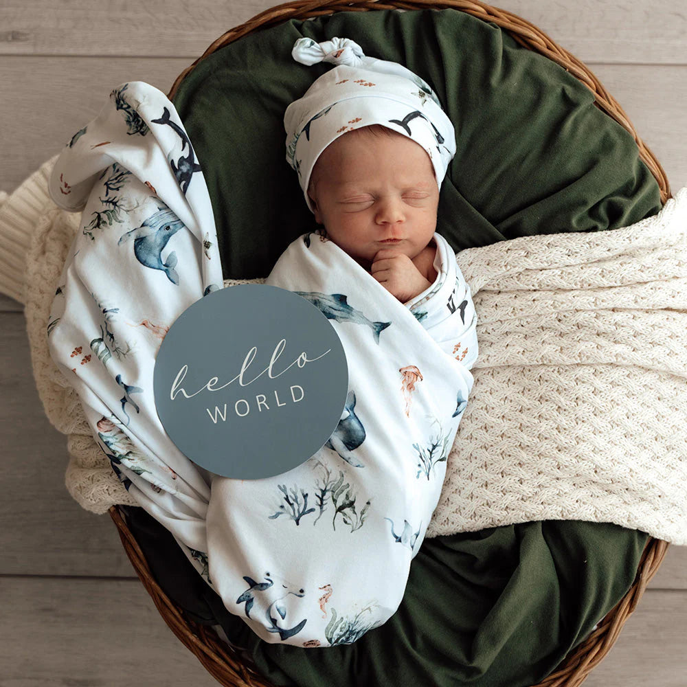 Snuggle Hunny Baby Jersey Wrap & Beanie Set - Soft Newborn Swaddle Blanket & Hat - Perfect for Baby Showers, Newborn Photography & Cozy Nursery Outfits - Ocean Blue
