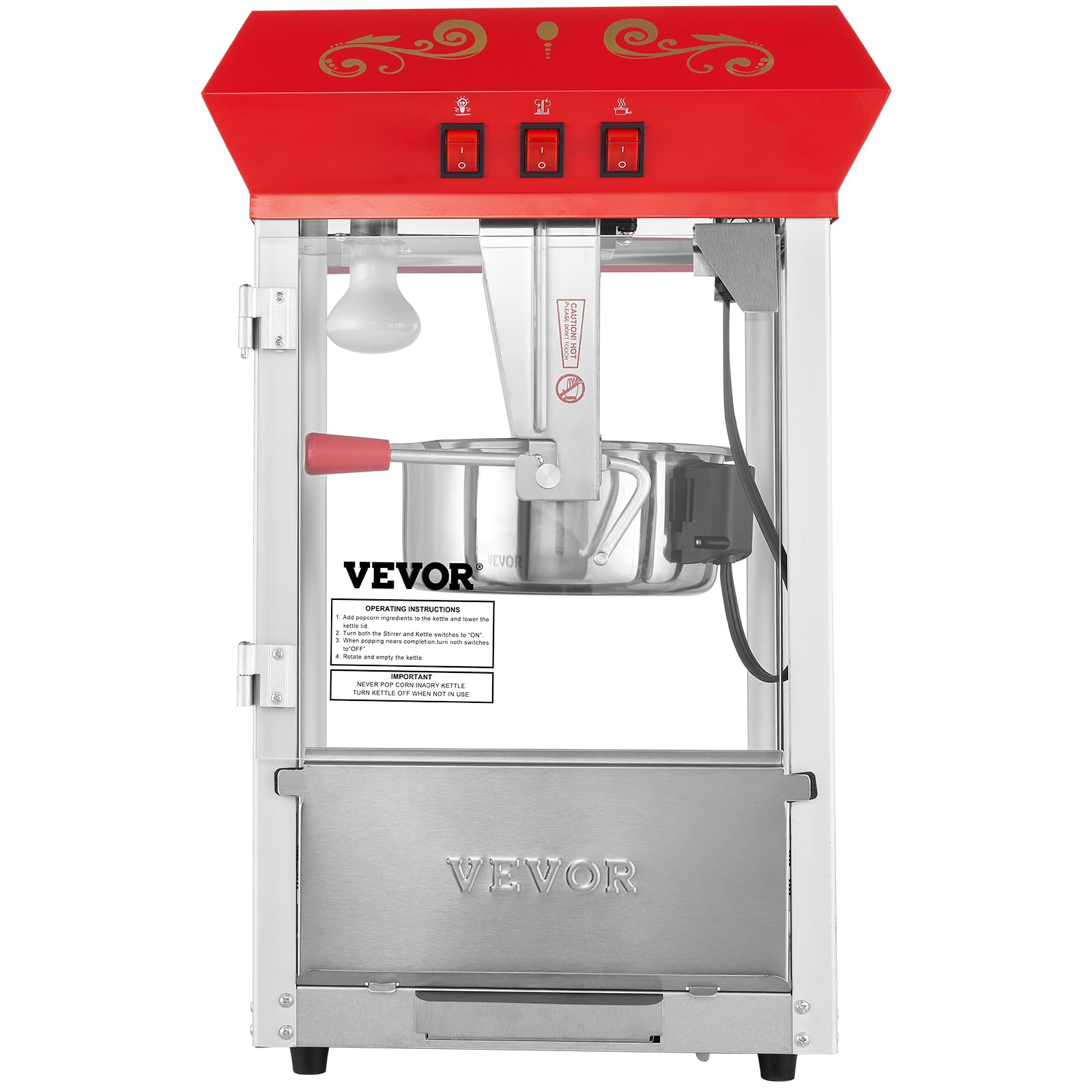 VEVOR 8 Oz Commercial Popcorn Machine - 850W Countertop Popcorn Popper Makes 48 Cups per Batch, Theater Style with 3-Switch Control, Steel Frame & Tempered Glass - Perfect for Movie Nights, Parties, and Concessions (Includes 2 Scoops & 2 Spoons, Red)