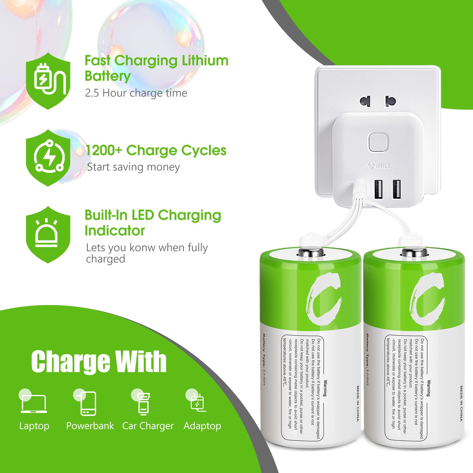 5000mWh Rechargeable C Batteries 4-Pack - 1.5V Lithium-ion C Size Batteries with USB-C Charging Cable | Long Lasting Power for Flashlights, Toys, Radios & Emergency Devices
