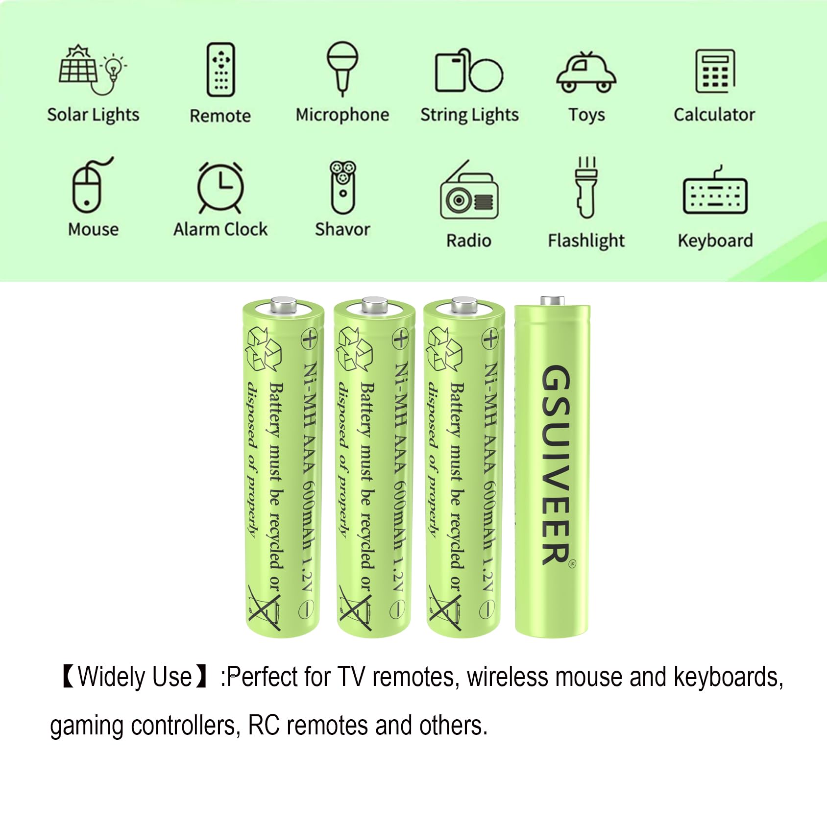 AAA Rechargeable Solar Light Batteries NiMH 1.2V 600mAh - 12 Pack Pre-Charged for Outdoor Garden Solar Lights & Battery String Lights - Perfect for Patio, Pathway, and Landscape Lighting
