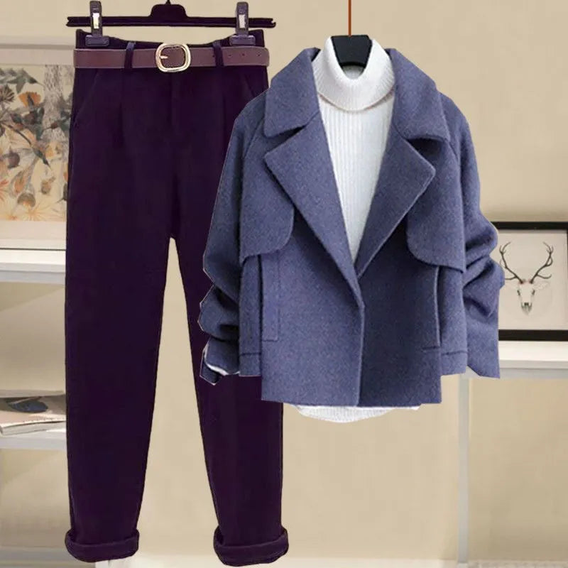 Autumn Winter Wool Cardigan Jacket with Half High Collar & Thickened Bottom Sweater + Slim Fit Wool Pants 3-Piece Set for Women - Cozy Office Wear, Casual Outfits, and Winter Layering