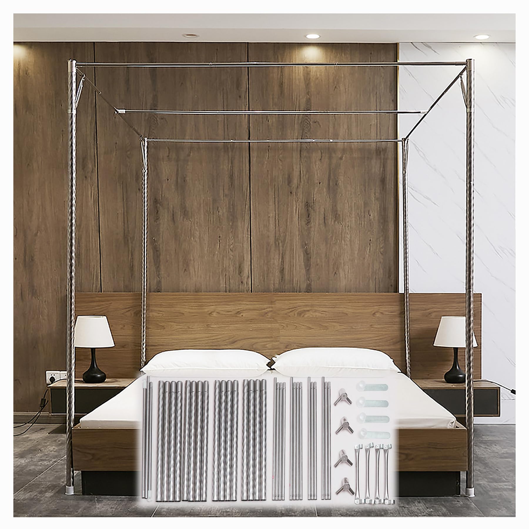 Full Size Stainless Steel Canopy Bed Frame with Thickened Posts - 4 Corner Mosquito Net Support Bracket for Metal/Wood Beds (Silver) - 33mm Steel Tee + Brace, L (27mm Steel Tee Small) - Perfect for Bedroom Decor, Outdoor Camping & Mosquito Protection