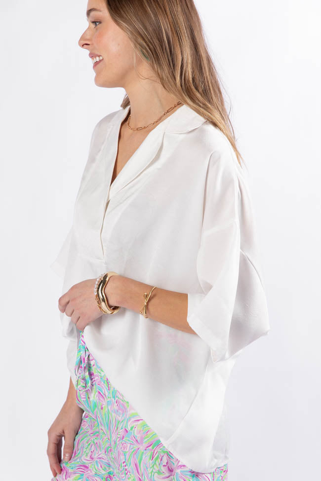 Elegant Ivory Oversized Satin Blouse with Dramatic Collar - Women's Fashion Top for Office, Party & Special Occasions