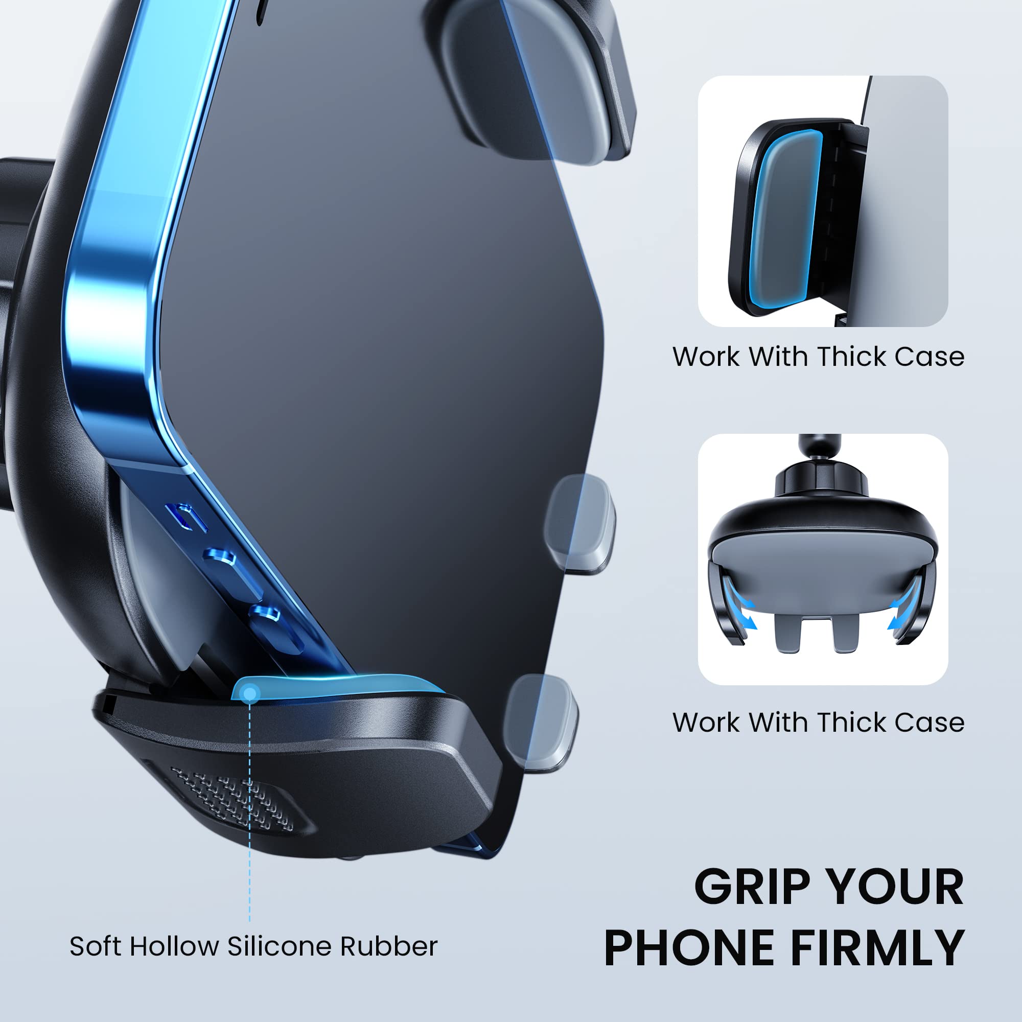 Qifutan Long Arm Car Phone Holder - Anti-Shake Dashboard & Windshield Mount for iPhone, Samsung, Smartphones (Grey) - Perfect for GPS Navigation, Hands-Free Calling & Road Trips