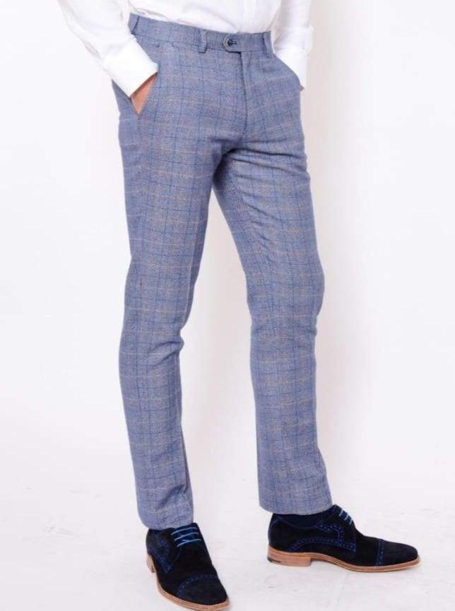 Marc Darcy Harry Blue Tweed Check Suit Trousers for Men - Classic British Style Formal Pants for Weddings, Business Meetings & Office Wear