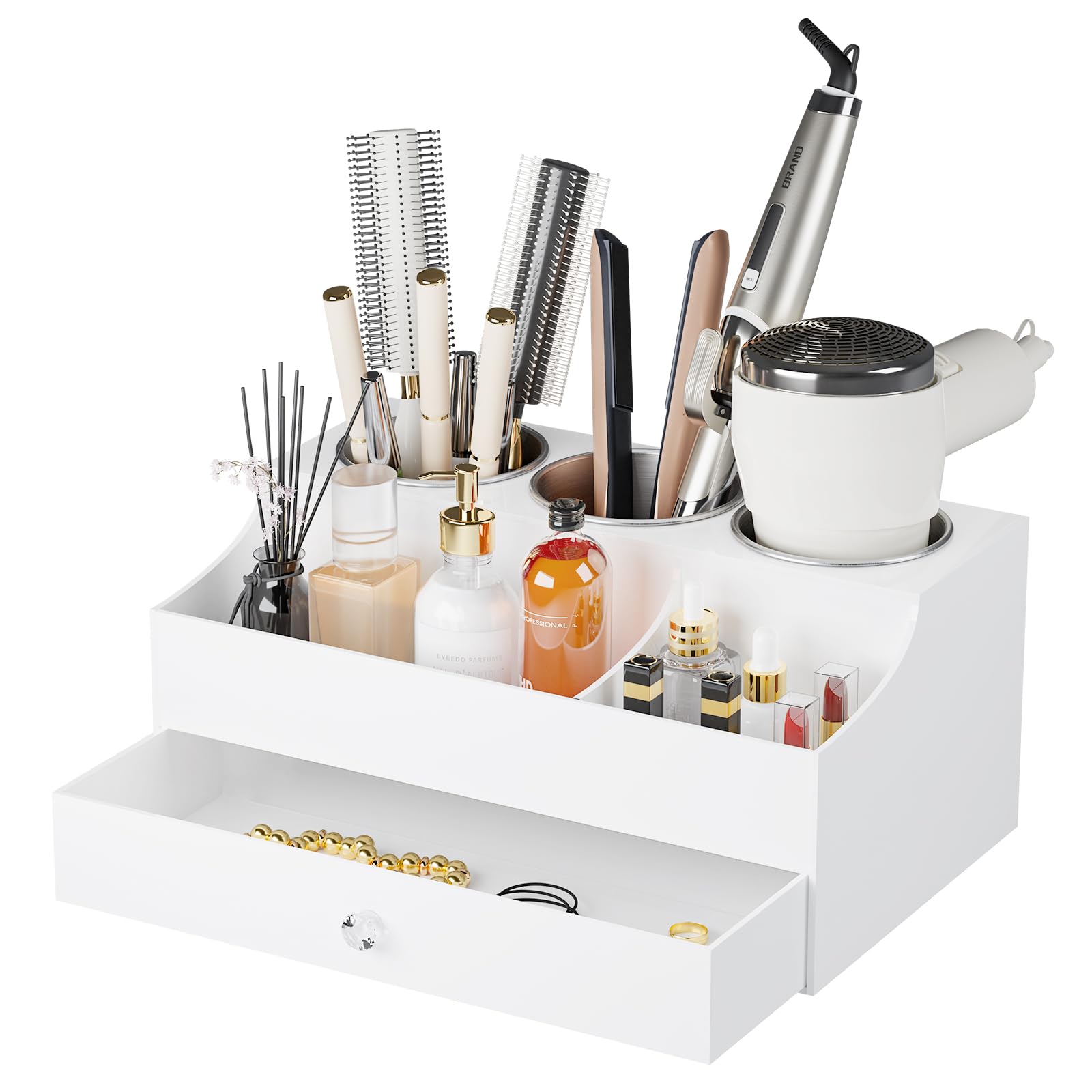 **Acrylic Hair Tool Organizer Stand for Blow Dryer, Straightener & Curling Iron – Bathroom Vanity Countertop Storage for Hair Styling Tools & Makeup Accessories (White) – Perfect for Salon, Home & Travel Use**