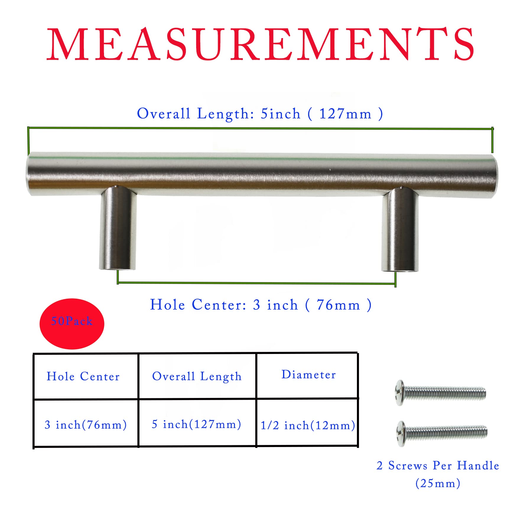 50 Pack 5 Inch Brushed Nickel Cabinet Pulls - Stainless Steel Kitchen Cabinet Handles & Drawer Pulls for Bedroom, Bathroom, Wardrobe (3 Hole Center) - Modern Hardware Upgrade for Home Renovation & DIY Projects