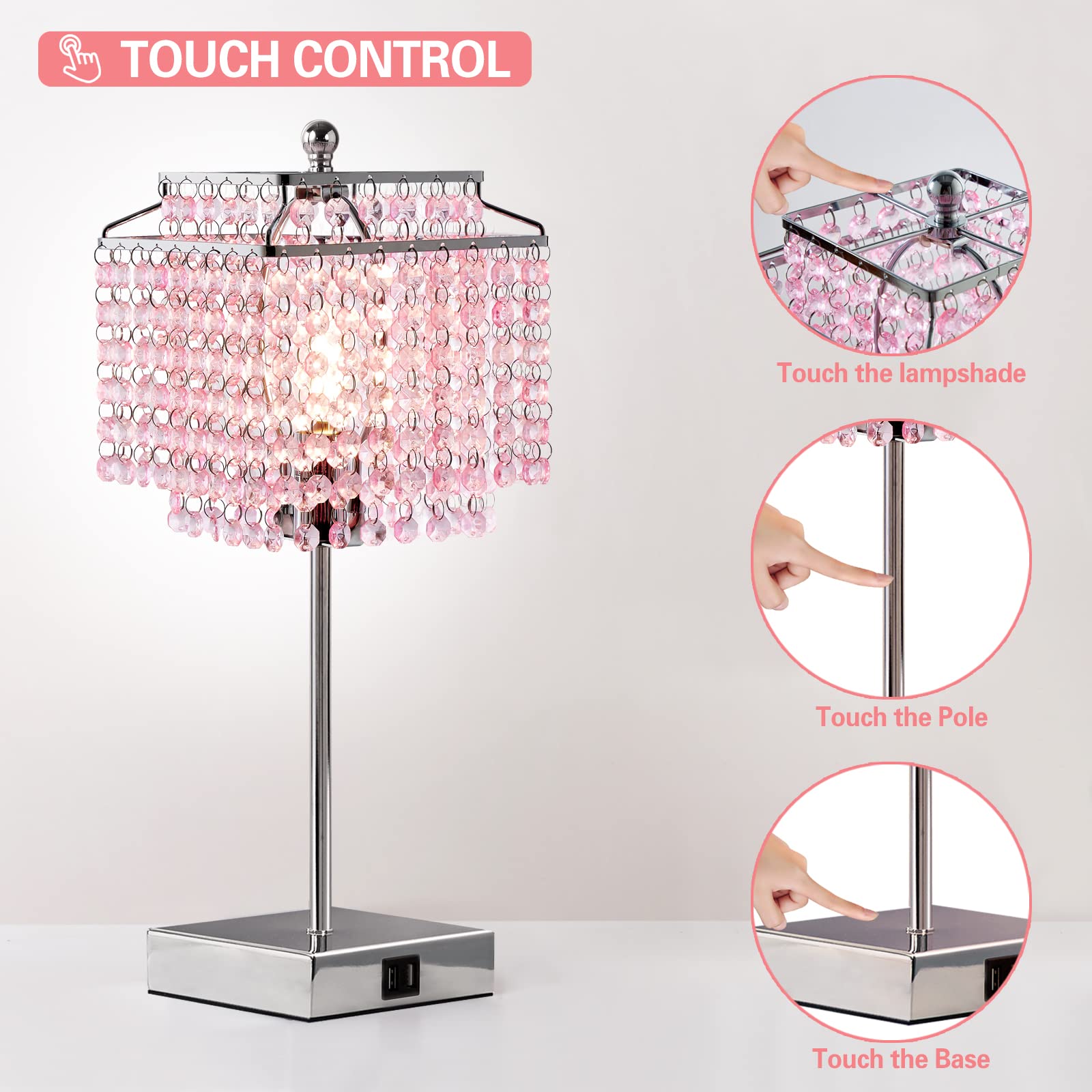 Pink Crystal Table Lamp with Touch Control - 3-Way Dimmable Nightstand Light with Crystal Shade, 6W B11 Bulb Included - Perfect for Girls Bedroom, Living Room & Home Decor (L-71008F)