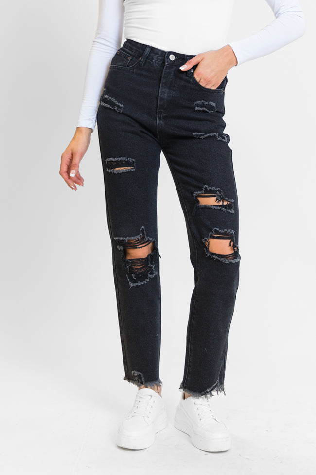 Megan Black Wash Distressed Straight Leg Tall Mom Jeans for Women - Vintage High Waist Denim Pants - Perfect for Casual Outfits, Streetwear & Everyday Wear