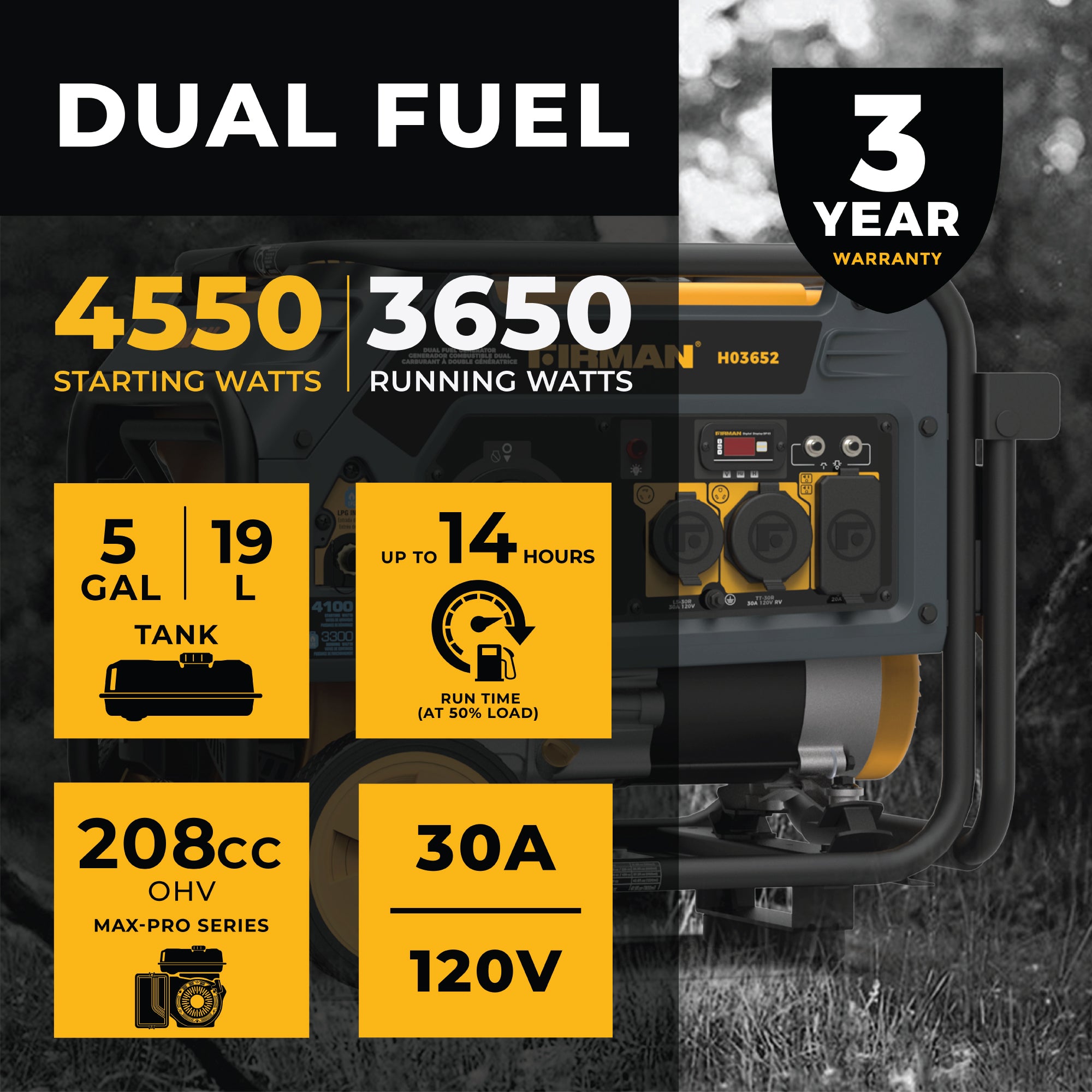 3650W Dual Fuel Portable Generator with Recoil Start - Perfect for Camping, Home Backup & Outdoor Power Needs