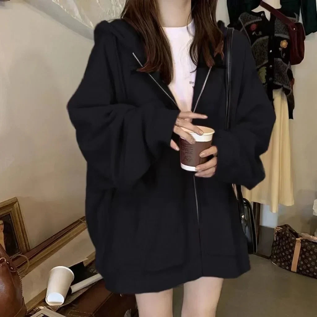 2023 Women's Black Hooded Sweatshirt - Loose Fit Fleece Lined Casual Top | Korean Style Jacket for Spring & Autumn | Perfect for Streetwear, Layering & Everyday Fashion