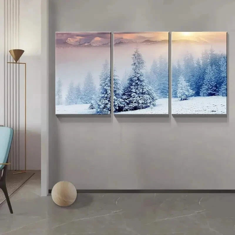 3-Piece Snow Covered Mountains & Trees Lake Metal Wall Art Prints - Ready to Hang Landscape Decor for Living Room, Bedroom & Office