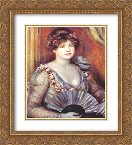 Pierre Auguste Renoir Woman With A Fan Art Print - 20x22 Gold Ornate Framed Museum Quality Double Matted Painting - Perfect for Living Room, Bedroom & Office Wall Decor