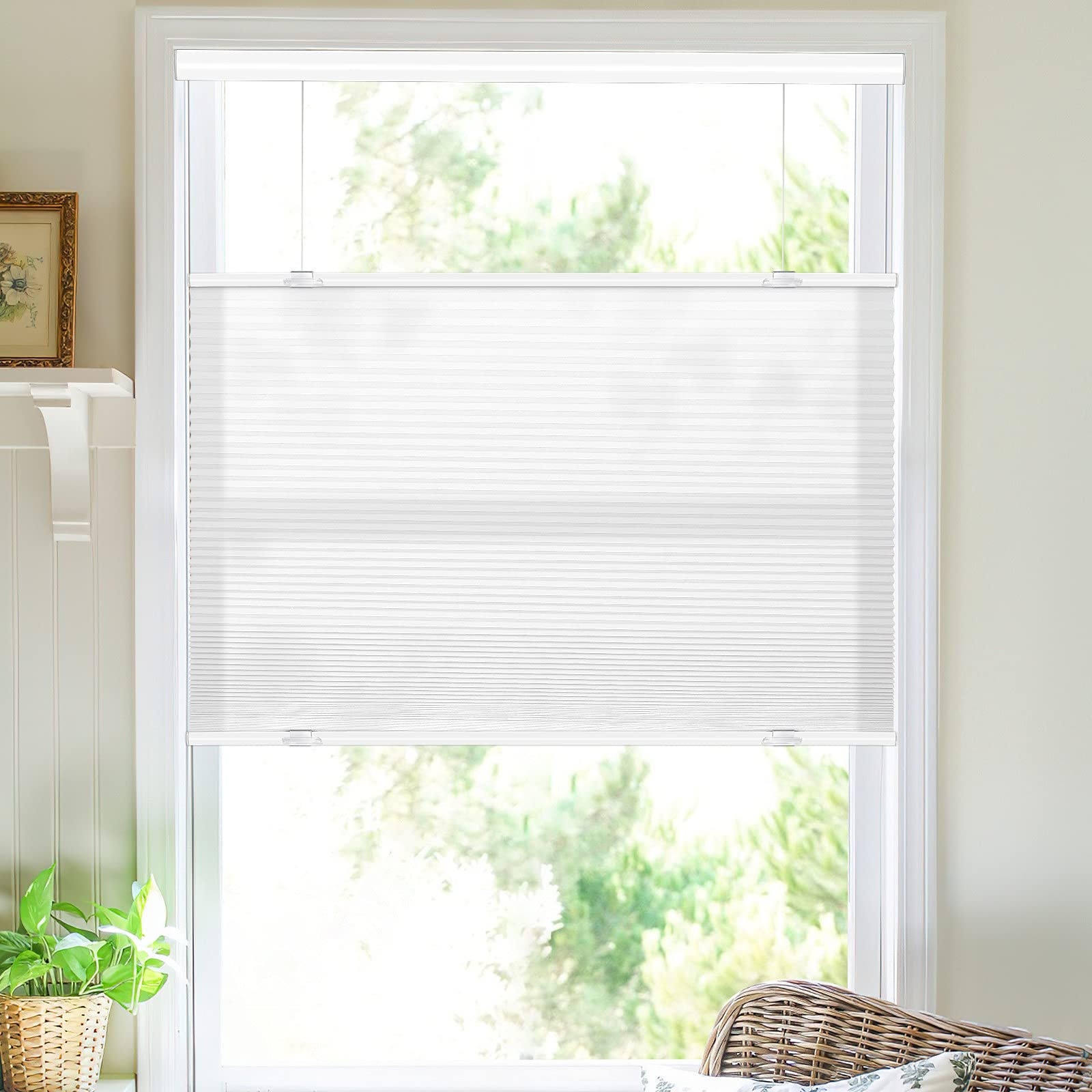 MiLin Cordless Cellular Shades - Top Down Bottom Up Honeycomb Blinds for Windows, Light Filtering White, Custom Size 47
