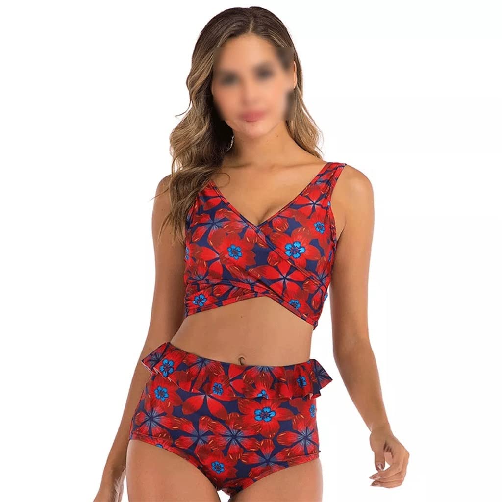 Sexy Women's Two-Piece Bikini Set - Floral Print Swimwear, High Waisted Bathing Suit for Beach & Pool, Plus Size Swimsuits (Red, Size S) | Perfect for Summer Vacations, Tropical Getaways & Water Sports