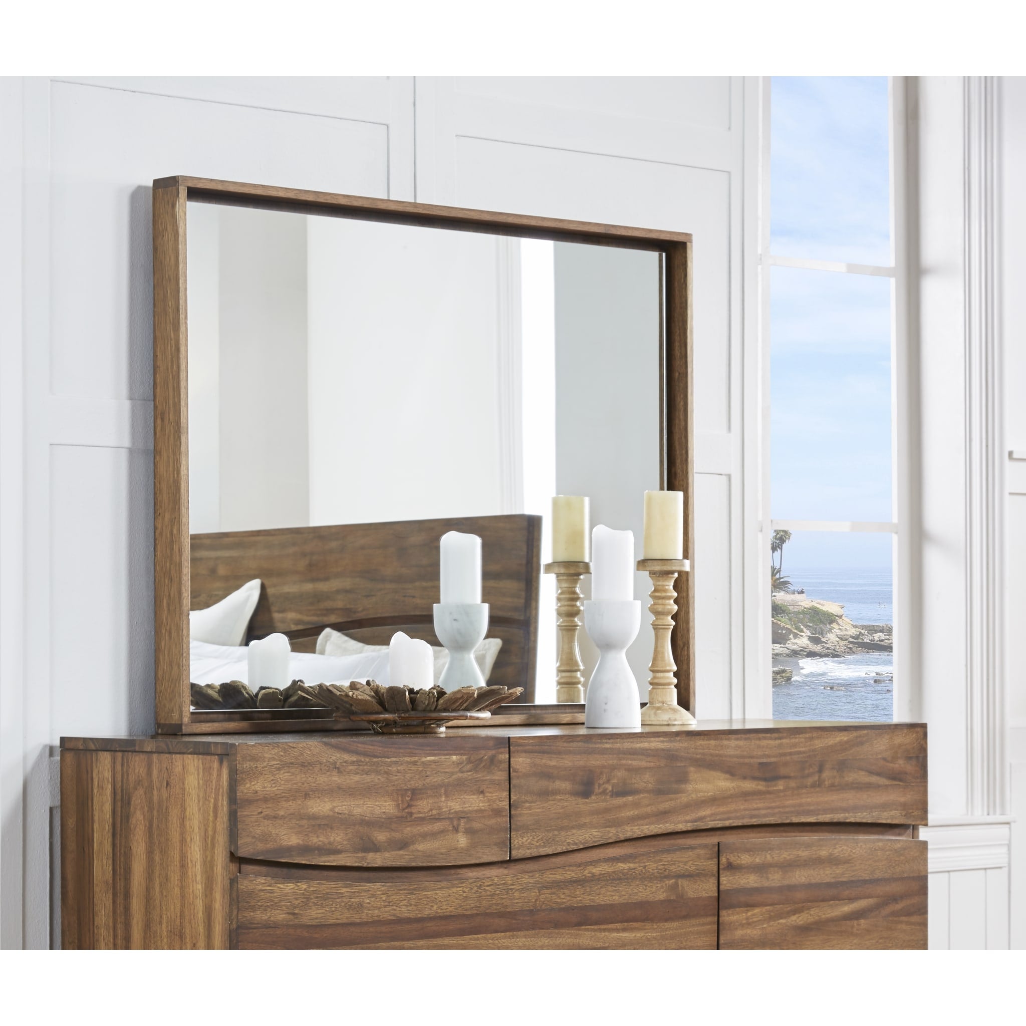 Ocean Solid Wood Floating Glass Mirror in Natural Sengon - Modern Bathroom Vanity Mirror for Home Decor & Bedroom Wall Mirror
