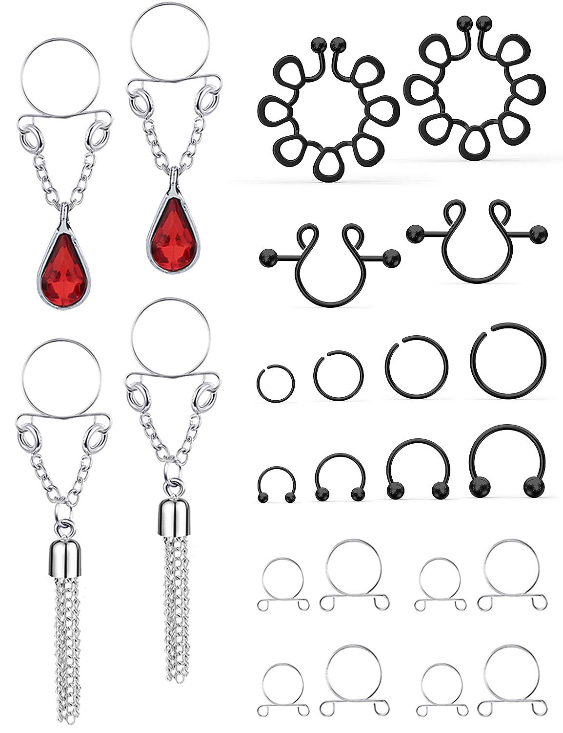 24 Pcs Stainless Steel Fake Nipple Rings - Non-Piercing Clip On Nipple Jewelry for Women & Men | Faux Body Piercing, Nose Rings & Septum Rings | Perfect for Costumes, Parties & Alternative Fashion