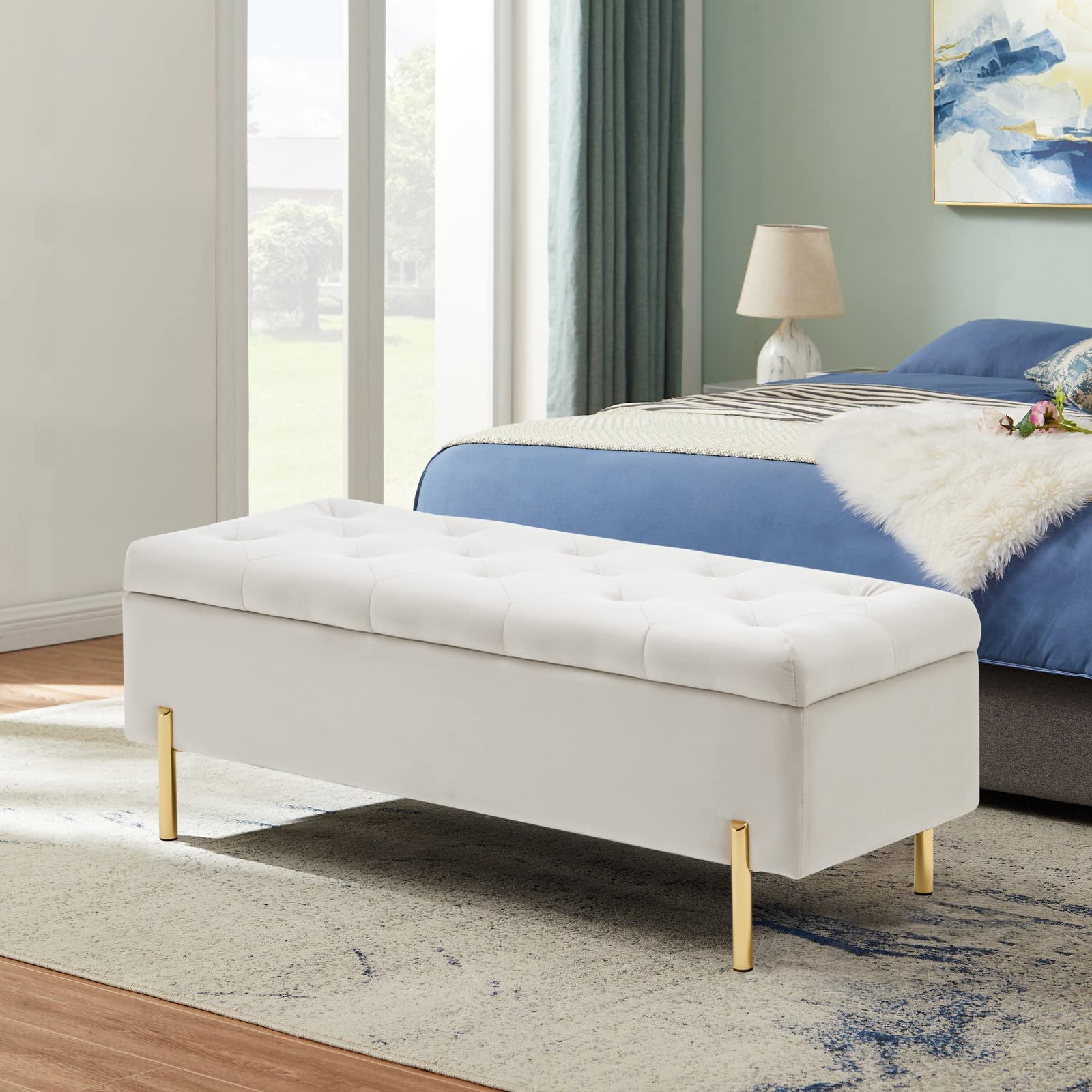 Velvet Storage Bench Ottoman with Hidden Compartment - Tufted Upholstered Seat for Bedroom, Living Room & Entryway - Versatile Multi-Functional Furniture (Ivory) | Perfect for Extra Seating, Bedroom Decor & Entryway Organization