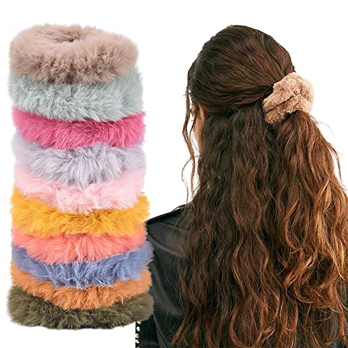 Belicia 12 Pcs Fuzzy Hair Scrunchies - Soft Rabbit Fur Hair Ties for Women & Girls - Ponytail Holders, Hair Bands & Hair Accessories - Perfect for School, Work, Parties & Everyday Styling