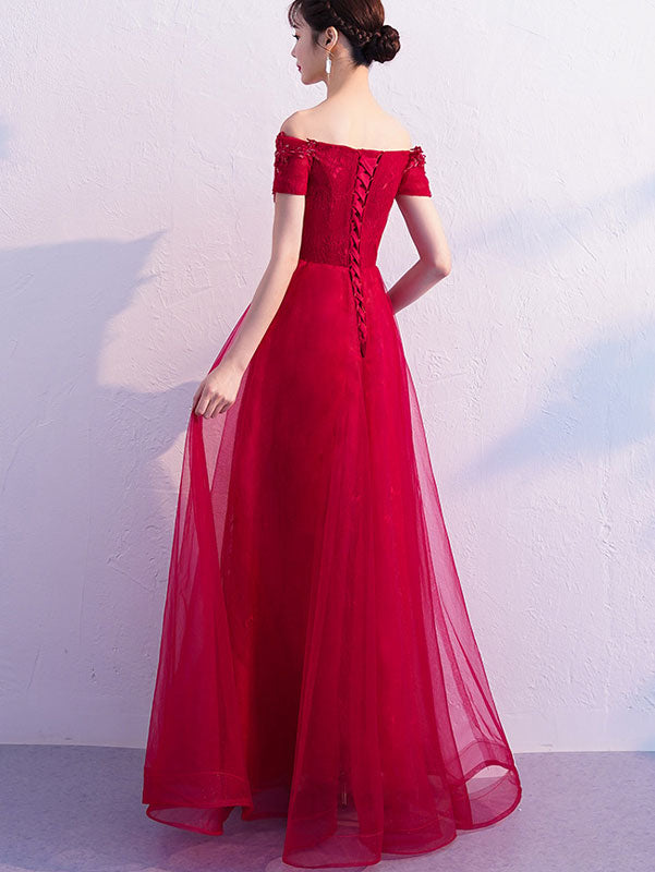 Elegant Wine Red Off-Shoulder Tulle Wedding Gown with Full Length Train - Perfect for Beach Weddings, Vow Renewals & Romantic Photoshoots