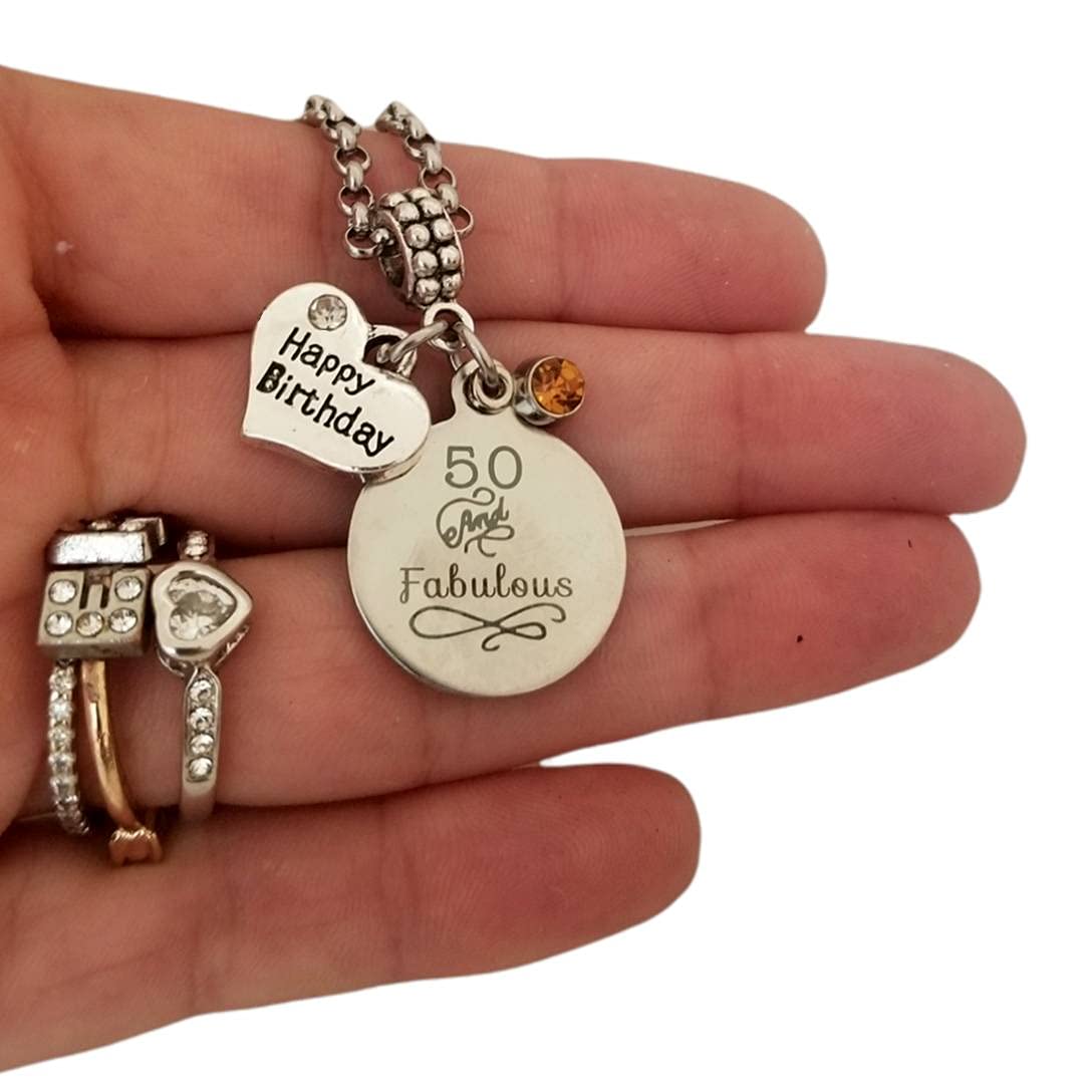 50th Birthday Jewelry Set for Women - Personalized Heart Charm Bracelet, Necklace & Keychain with Birthstone - 50 and Fabulous Gift - Perfect for Milestone Celebrations, Anniversaries & Special Occasions