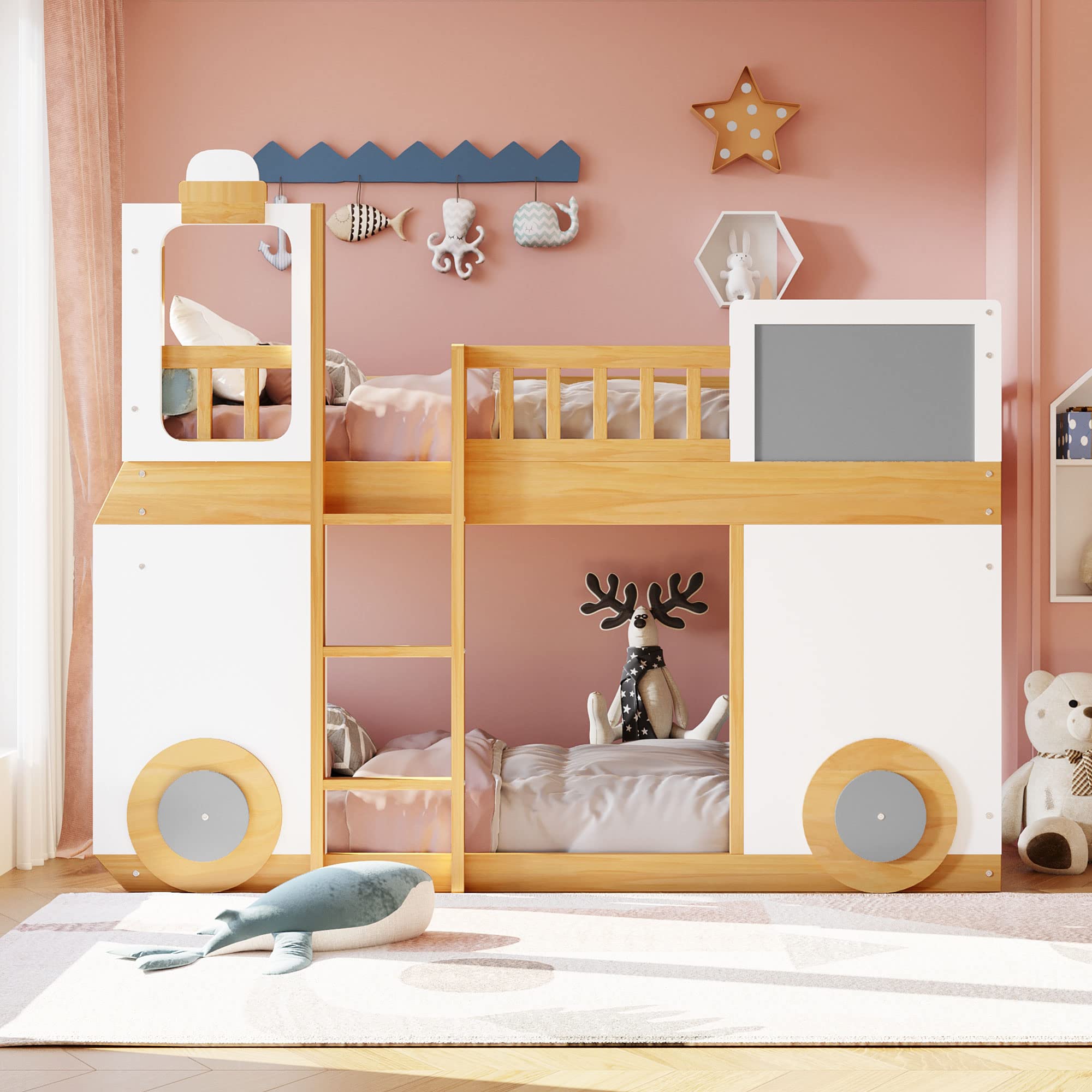 Polibi Twin Size Train-Themed Wooden Bunk Bed - Solid Wood Loft Bed with Guardrails, Ladder & Under-Bed Storage Space (Natural Wood Finish) - Perfect for Kids' Bedrooms, Small Spaces & Themed Room Decor