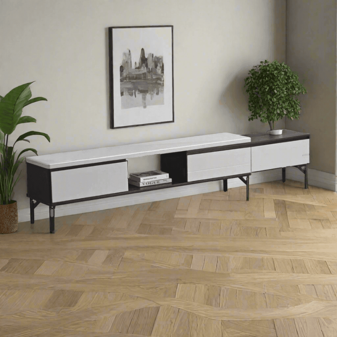 Harlein Extendable TV Stand with Marble Top - Modern Entertainment Center for Living Room, Bedroom & Home Theater