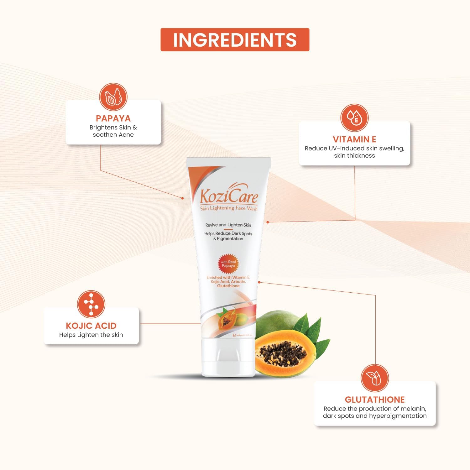 Ko.zi Care Kojic Acid & Glutathione Face Wash with Papaya Extract - Brightening Acne Treatment for Clear, Glowing Skin (100ml) | Gentle Daily Cleanser for Oily, Combination & Sensitive Skin Types