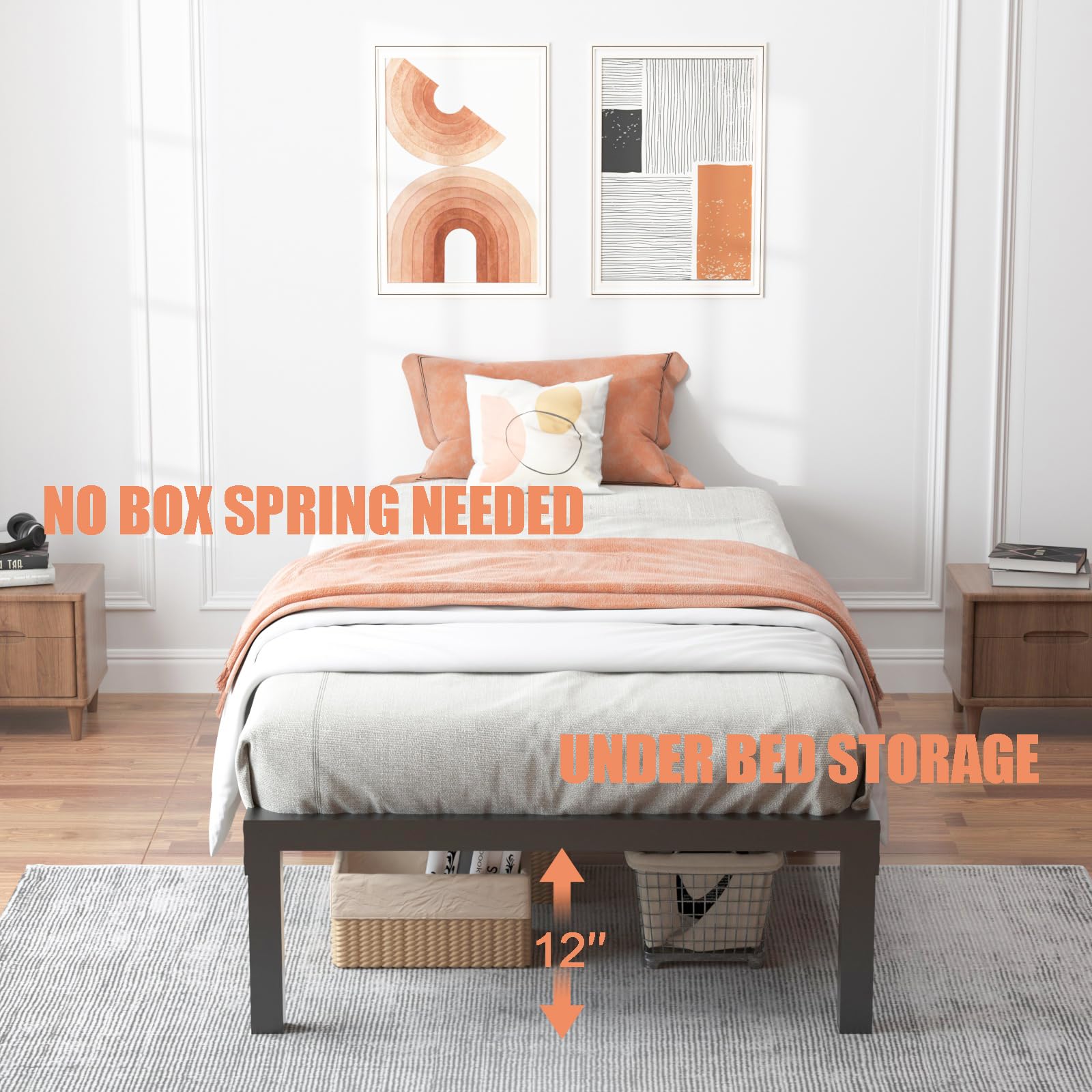 FUIOBYVV 14 Inch Heavy Duty Metal Twin Bed Frame - Supports Up to 3500 lbs, No Box Spring Needed, Sturdy Steel Slat Design, Noise Free & Easy Assembly - Perfect for Kids Rooms, Guest Beds & Small Spaces
