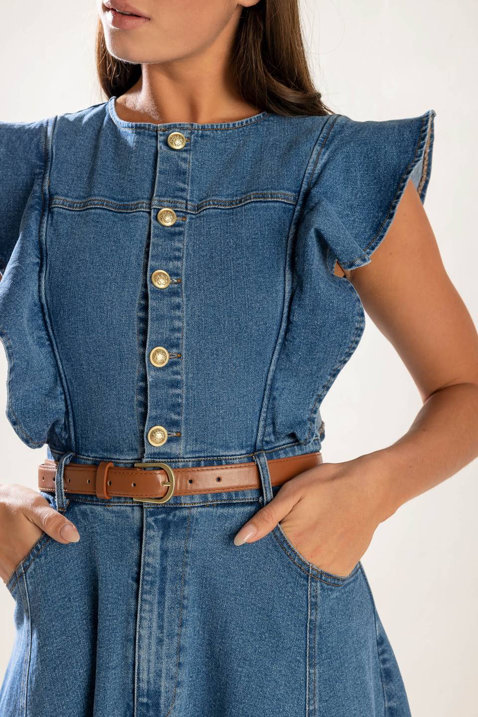 Indigo Ruffle Sleeve Denim Midi Dress for Women - Stylish Casual & Party Wear - Perfect for Date Nights, Brunch, and Summer Outings