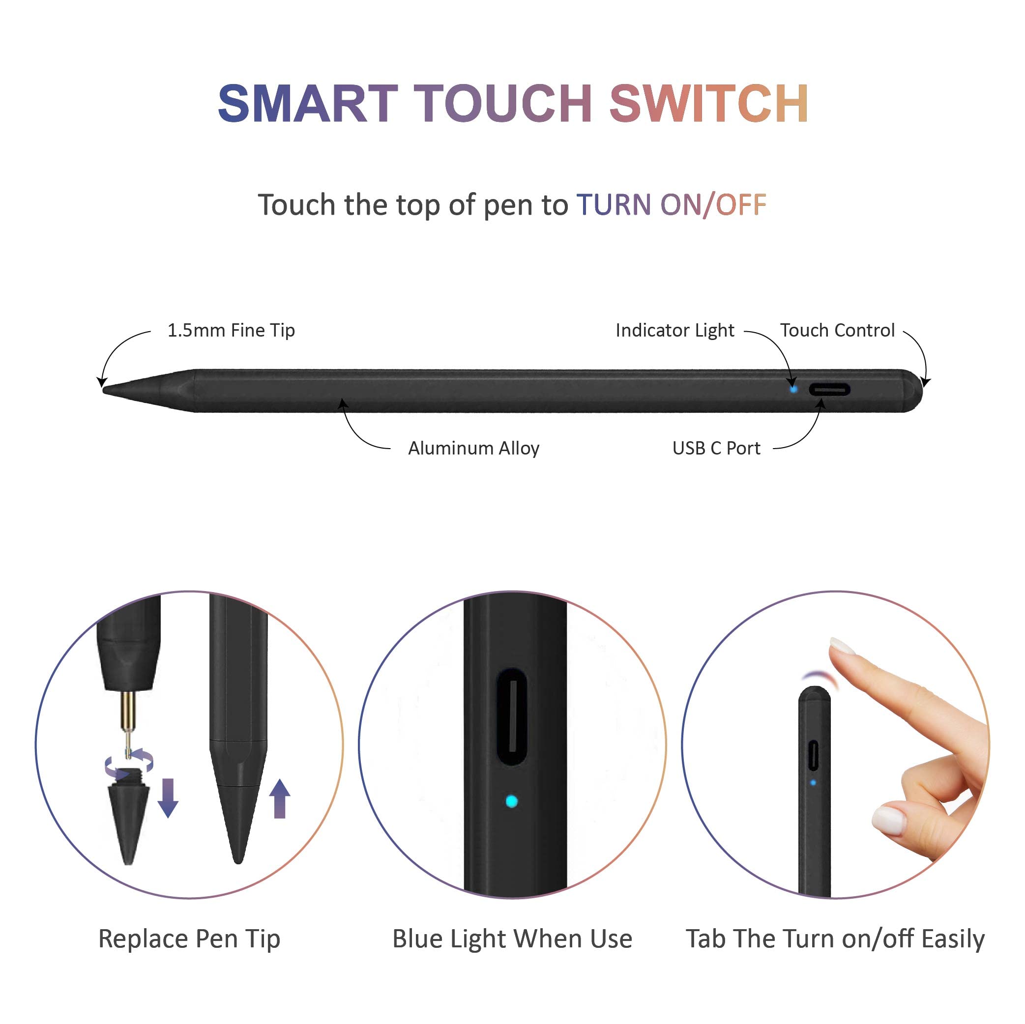 Premium Stylus Pen for iPad Pro 11/12.9 (2018-2022), iPad 6/7/8/9, iPad Mini 5/6, iPad Air 3/4 - Magnetic Apple Pencil Alternative with Palm Rejection & Tilt Sensitivity - Perfect for Drawing, Note-Taking & Digital Art (Black)