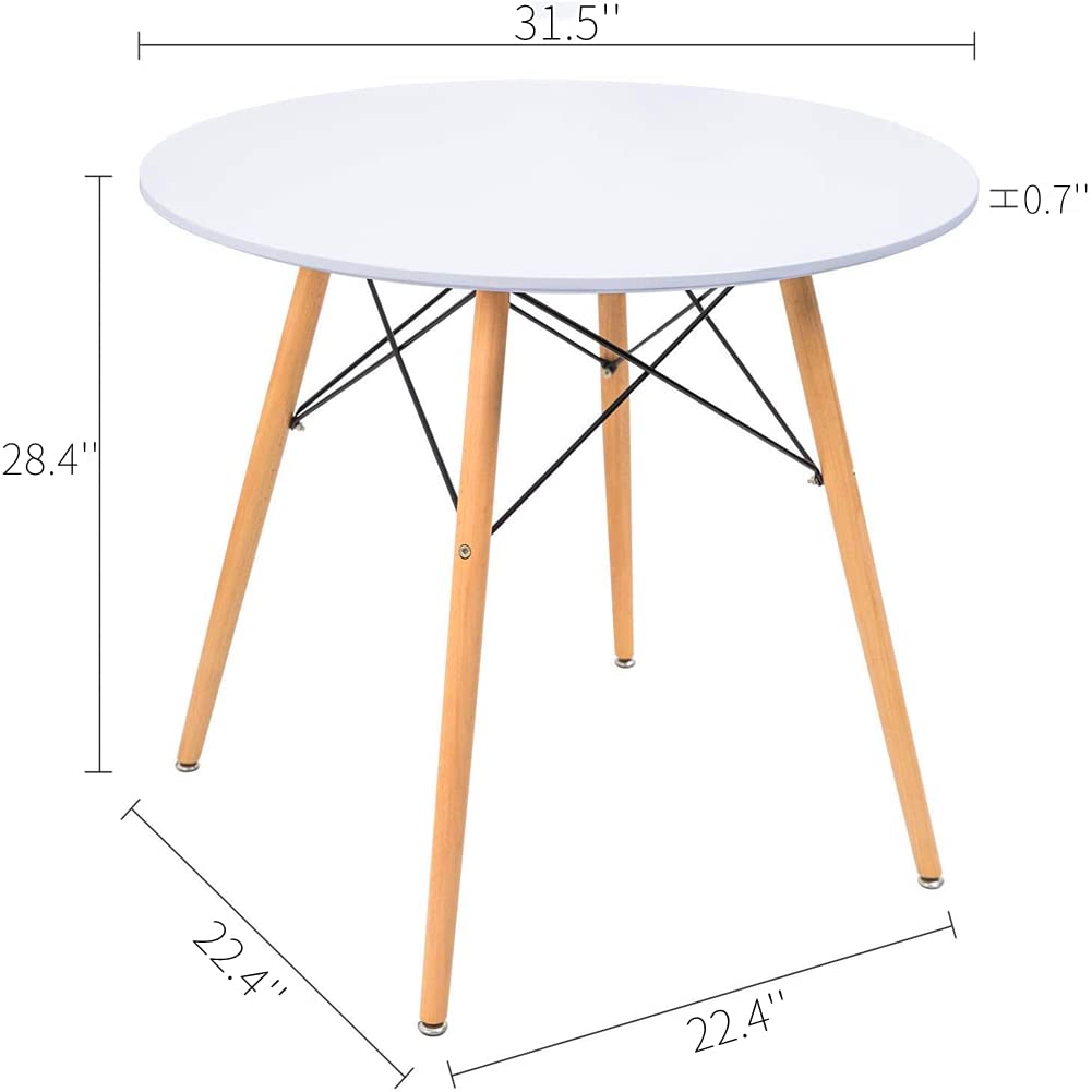 Modern Round White Dining Table with Wooden Legs - Space-Saving Kitchen, Living Room & Office Desk - Perfect for Family Dinners, Home Office & Small Apartments - Stylish Home Decor & Guest Entertaining - Great for Breakfast Nooks, Studio Apartments & Open Floor Plans - Ideal for Dining Rooms, Kitchen Islands, and Small Space Decorating